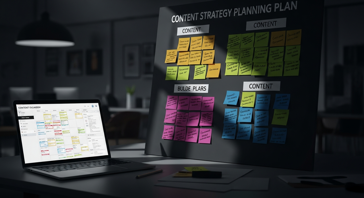 Content marketing strategy planning materials in creative workspace