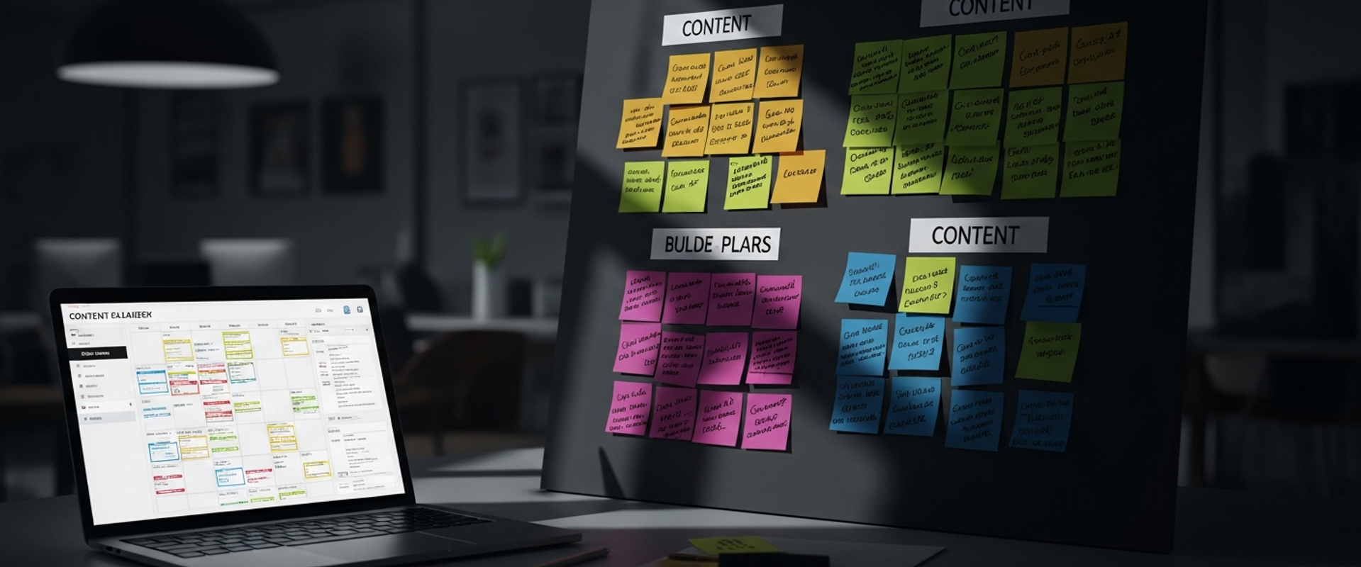 Content marketing strategy planning materials in creative workspace