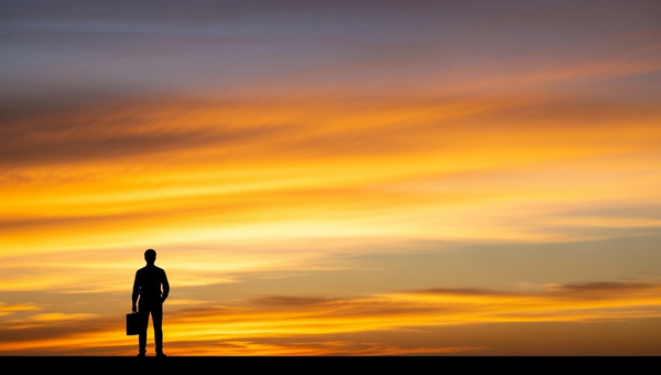 Bold silhouette of a confident professional against a vivid golden sunset sky