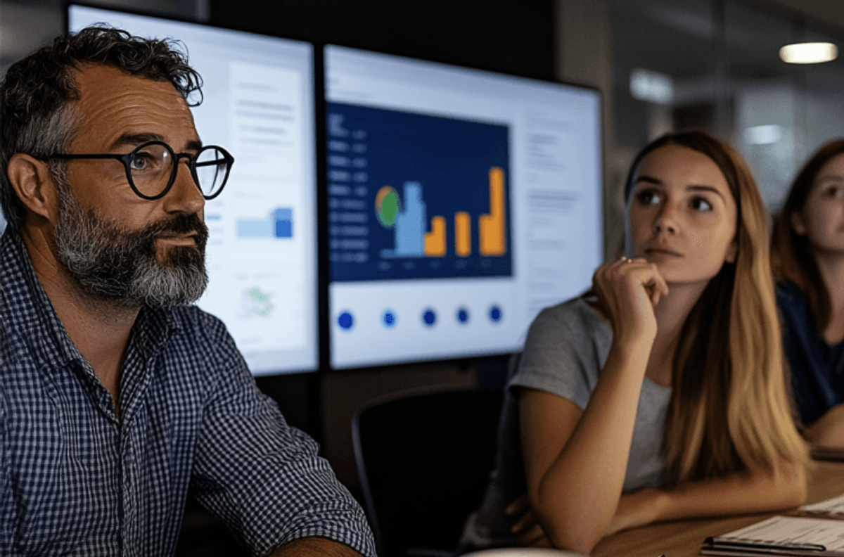 Team analyzing data on multiple screens.