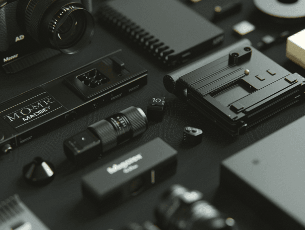 Black camera equipment and accessories on black background.