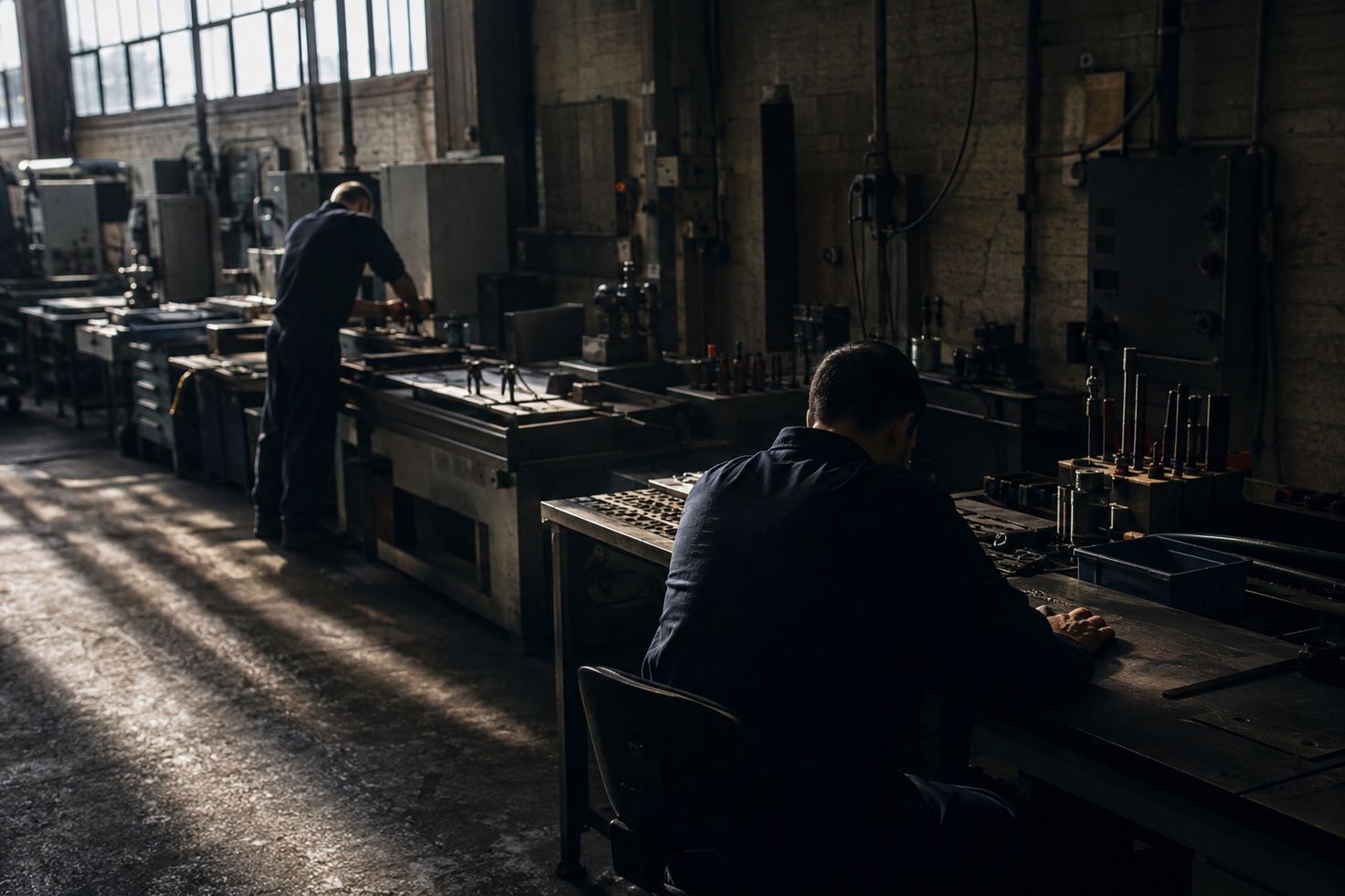 Two workers in a manufacturing workshop. One stands at a machine mid-task in hard daylight from high windows. The other sits at a bench further back, head down and hands still, in deeper shade.
