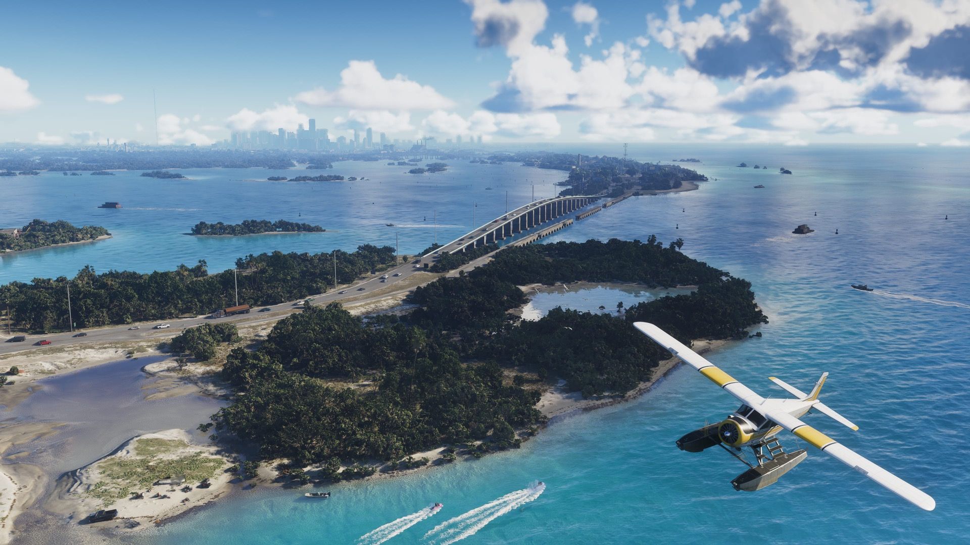 An aerial view of the Leonida Keys island chain and causeway with a seaplane in Grand Theft Auto VI