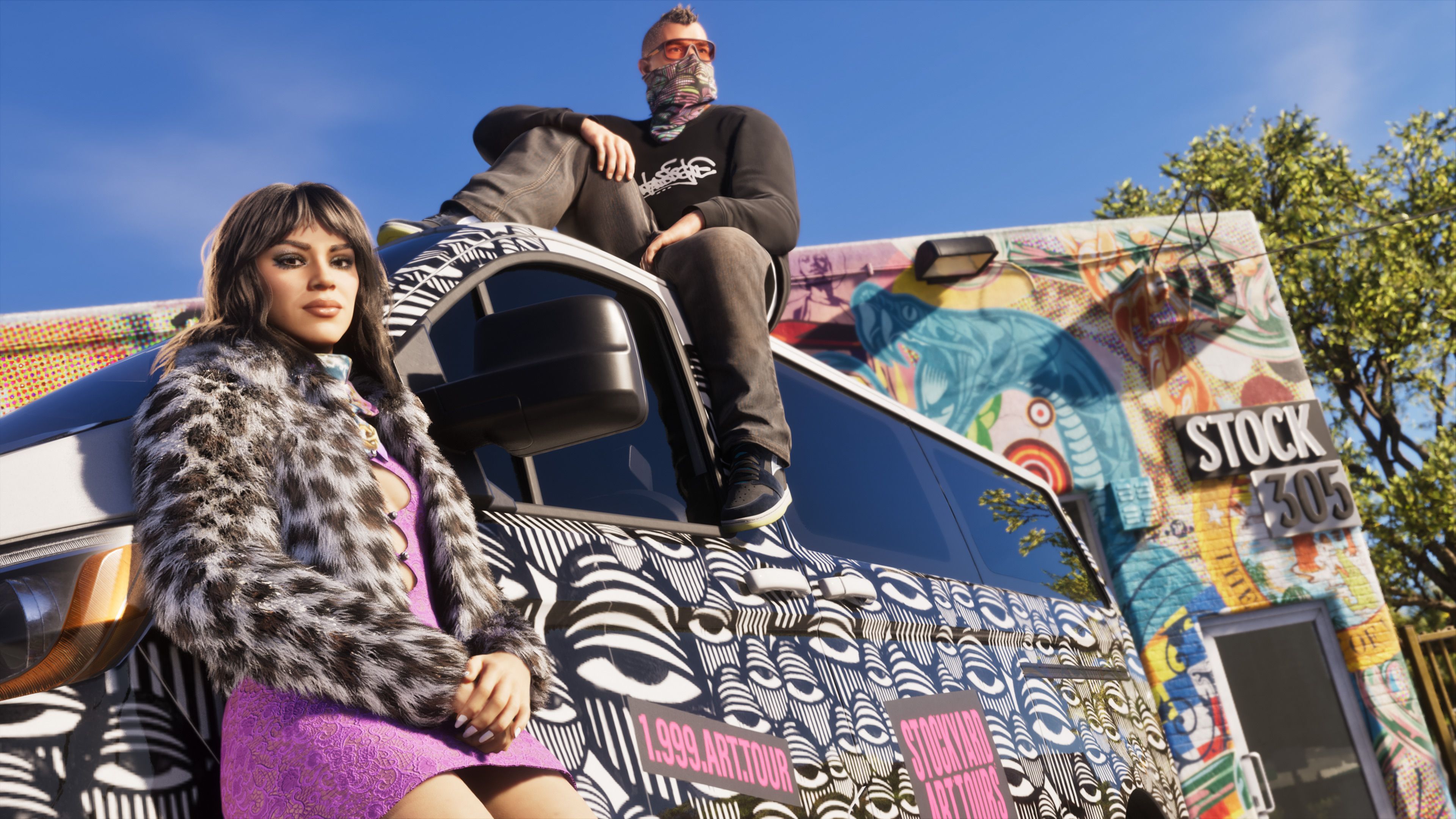 Styled characters posing outside the Stock 305 clothing store in official Grand Theft Auto VI press art