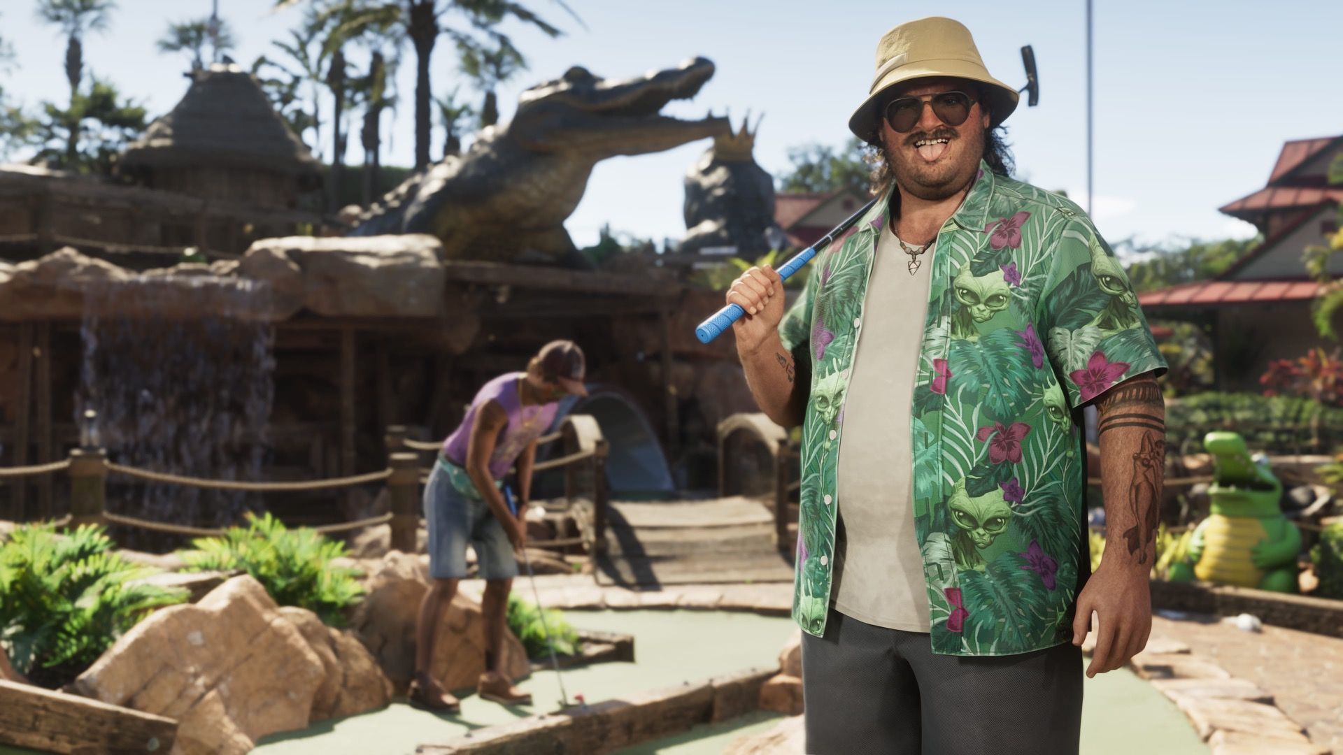 Cal Hampton in a tropical shirt at a mini-golf course in Grand Theft Auto VI