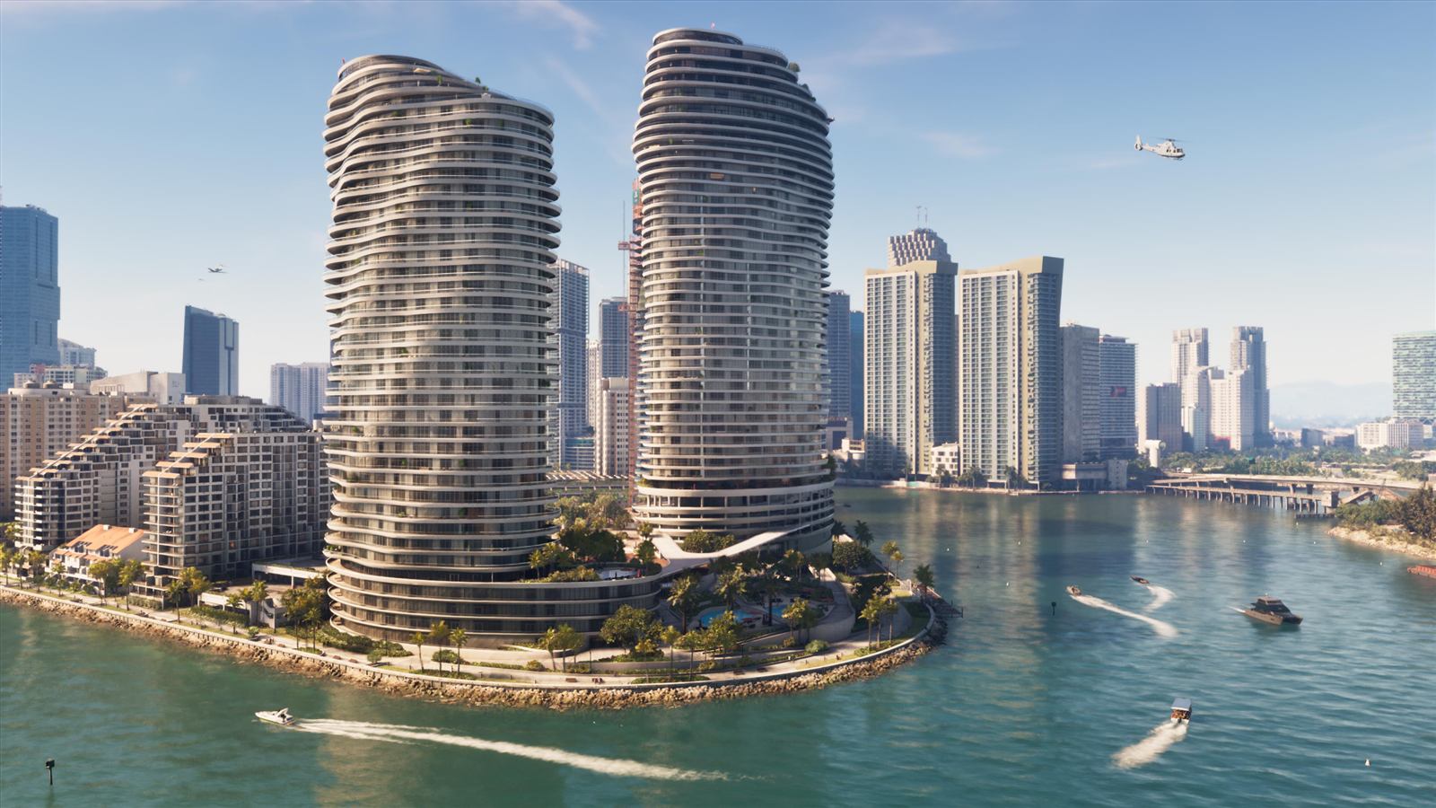 Two curved luxury apartment towers on a Vice City waterfront with speedboats and a helicopter overhead — official Grand Theft Auto VI screenshot