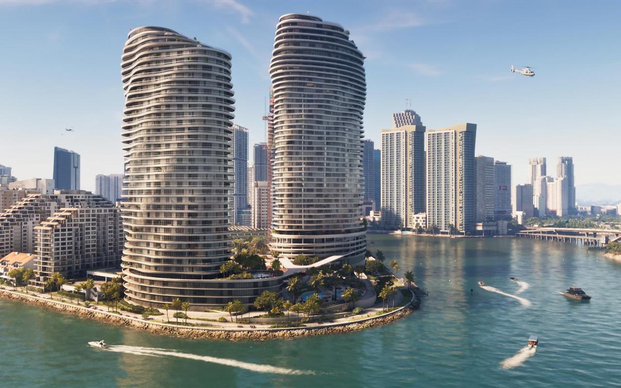 Two curved luxury apartment towers on a Vice City waterfront with speedboats and a helicopter overhead — official Grand Theft Auto VI screenshot