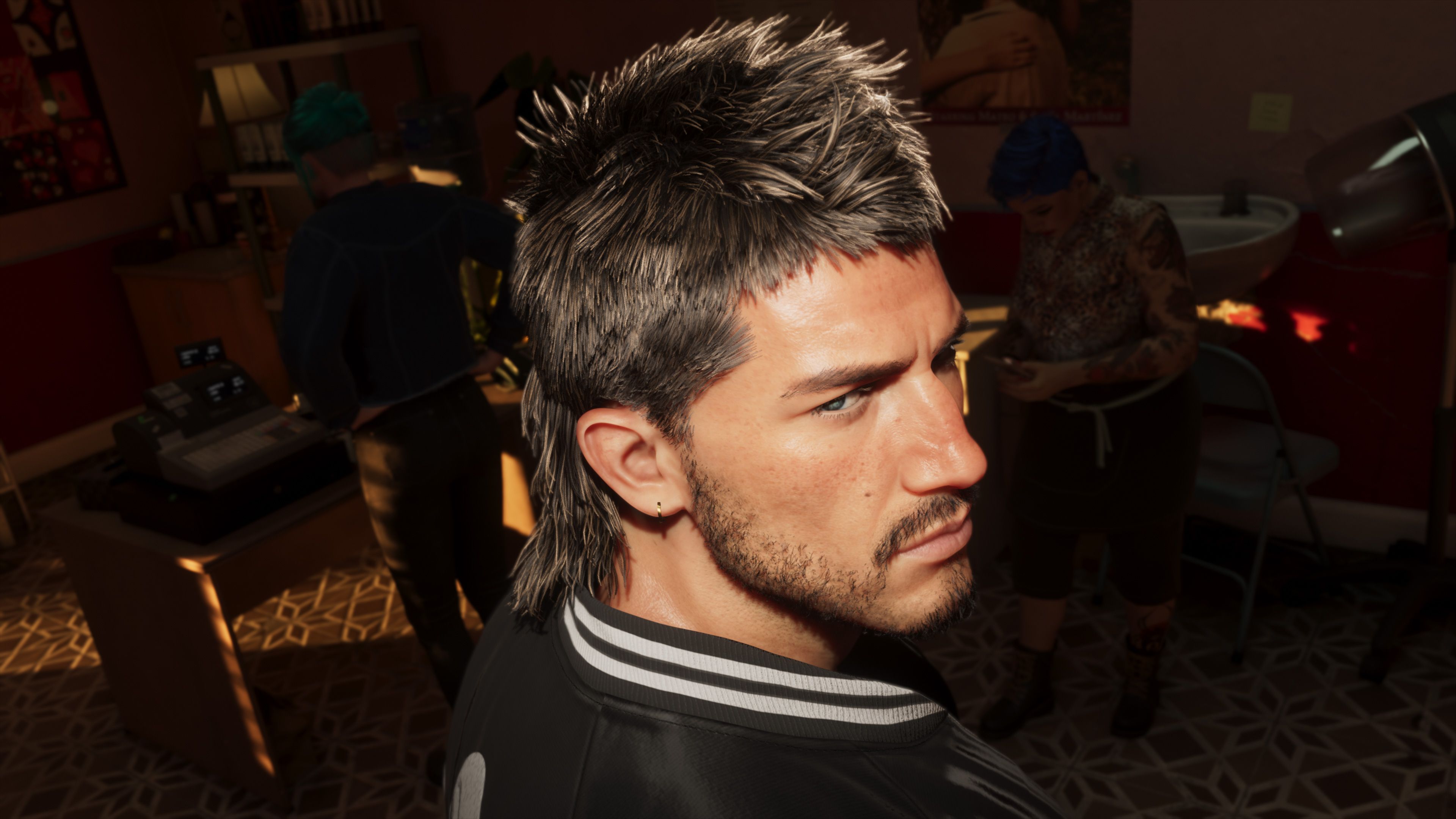 Jason getting a haircut in a Vice City barber shop in official Grand Theft Auto VI press art