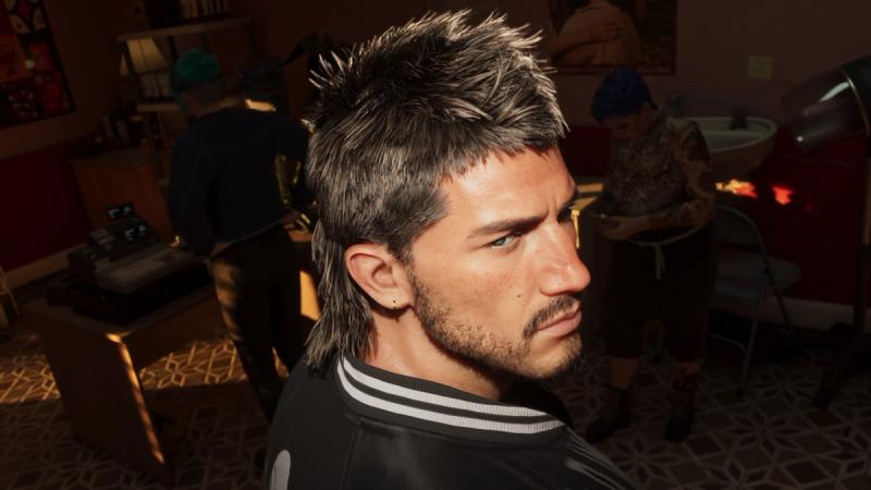 Jason getting a haircut in a Vice City barber shop in official Grand Theft Auto VI press art