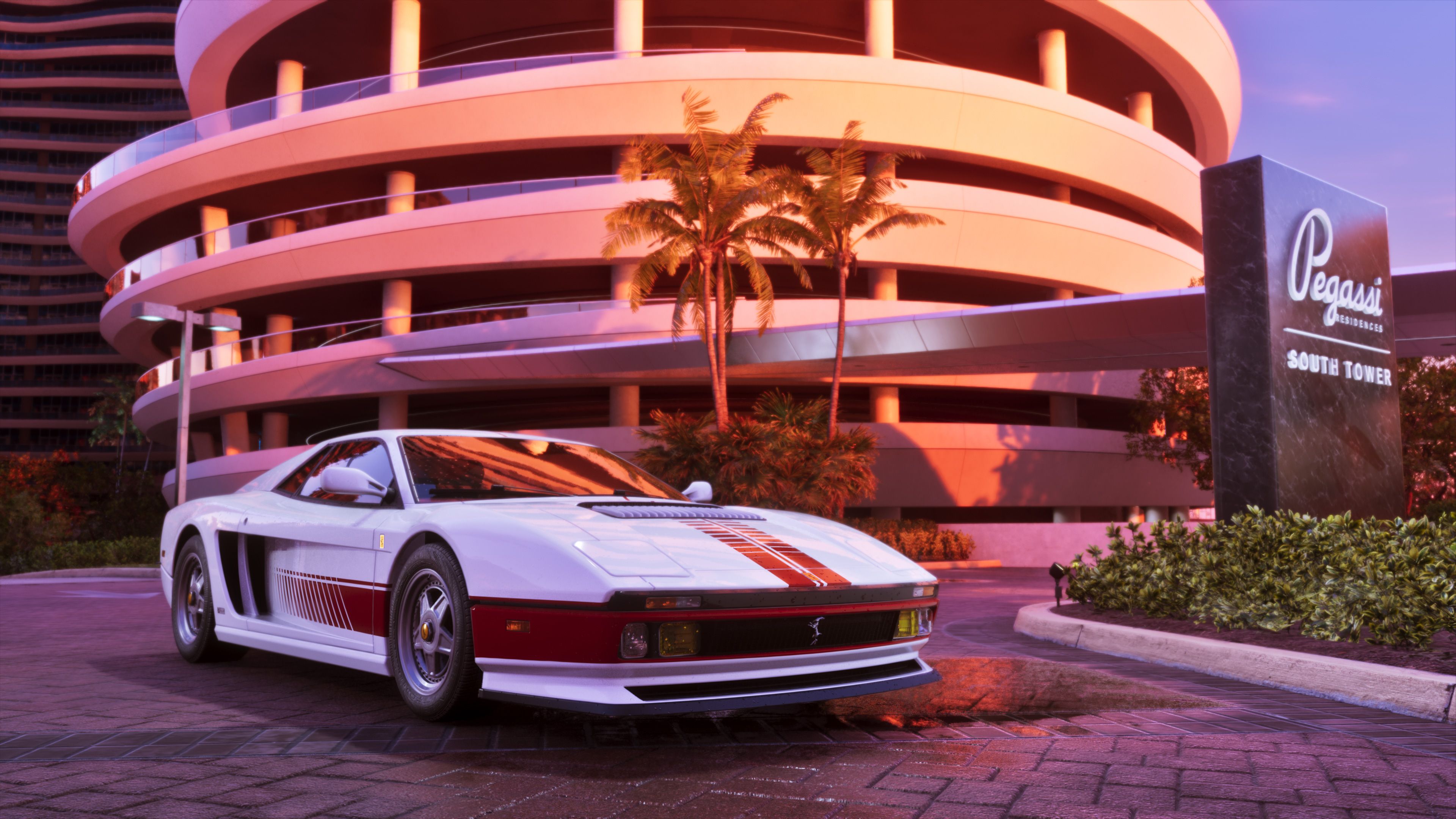 A high-end sports car outside a Vice City building in official Grand Theft Auto VI press art