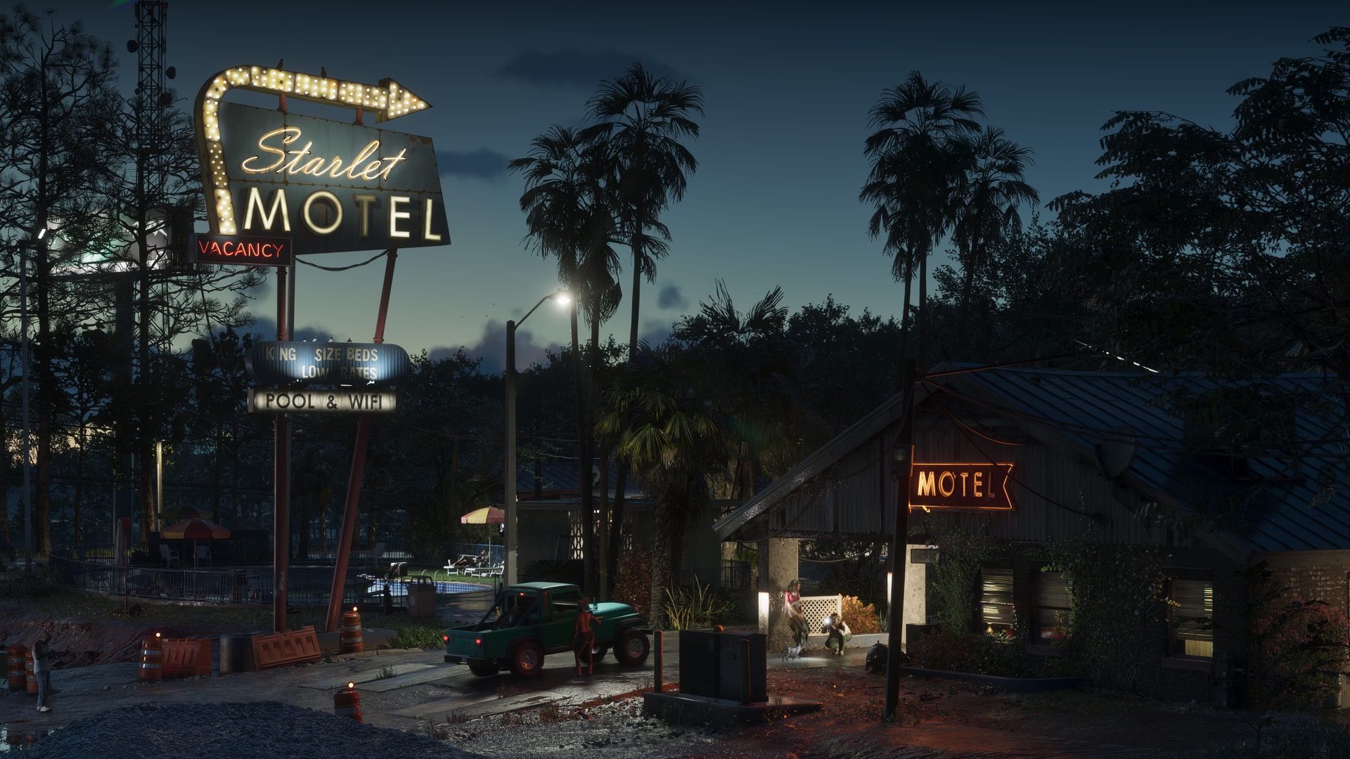 A neon-lit roadside motel at night in the Port Gellhorn area of Grand Theft Auto VI