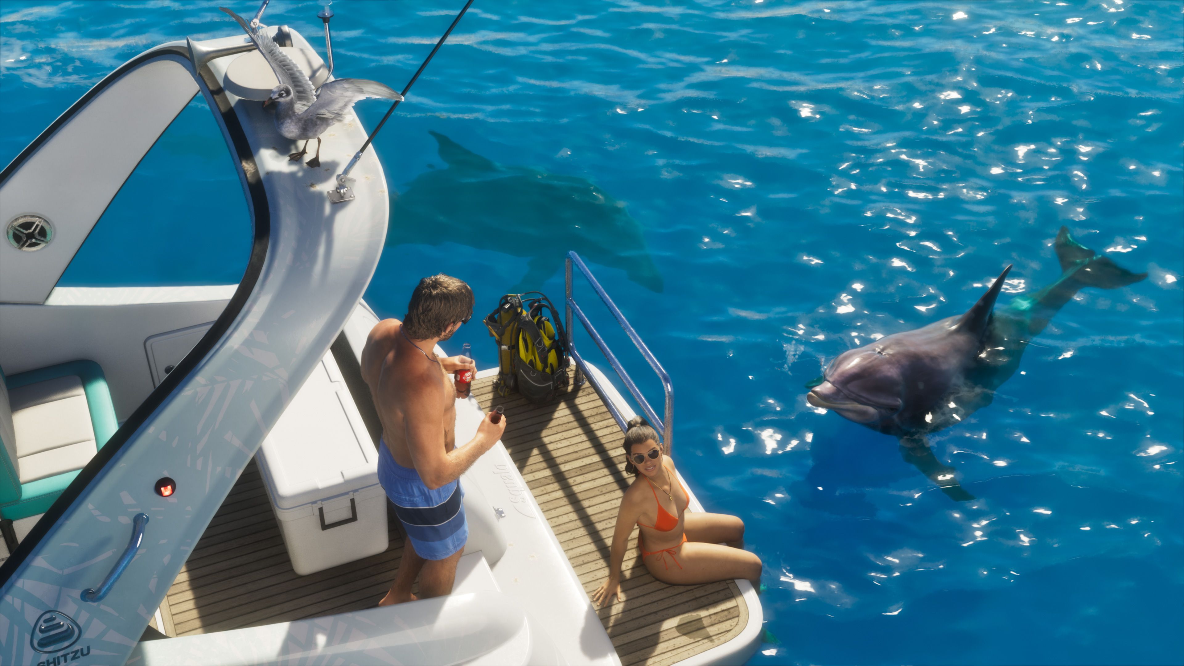 A boat and dolphin off the Leonida coast in official Grand Theft Auto VI press art