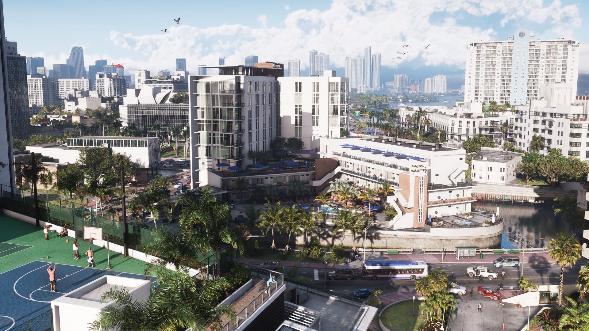 The Vice City skyline on a clear day in Grand Theft Auto VI