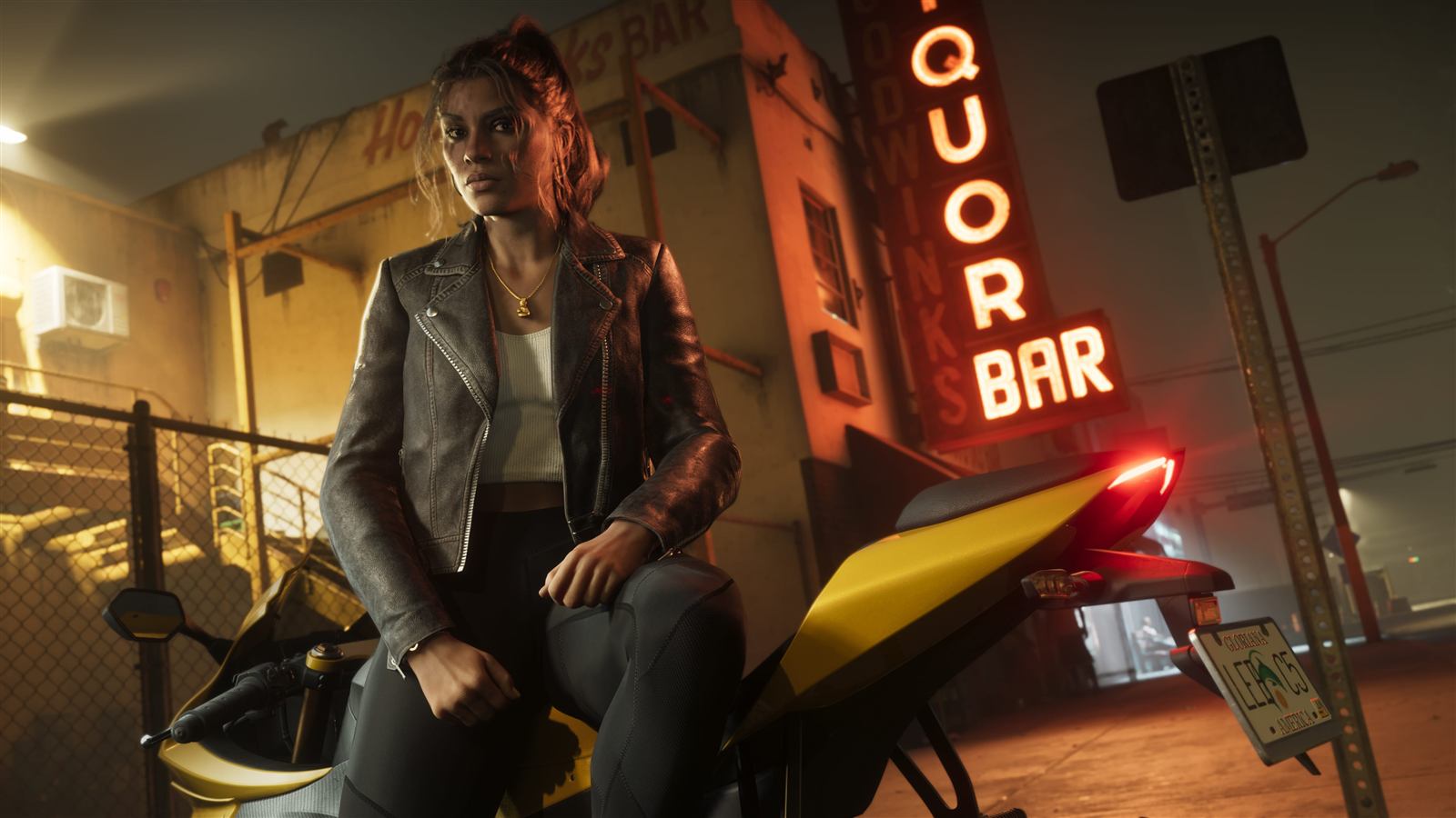 Lucia Caminos sitting on a yellow motorbike at night outside a bar with a red neon Liquor sign — official Grand Theft Auto VI screenshot