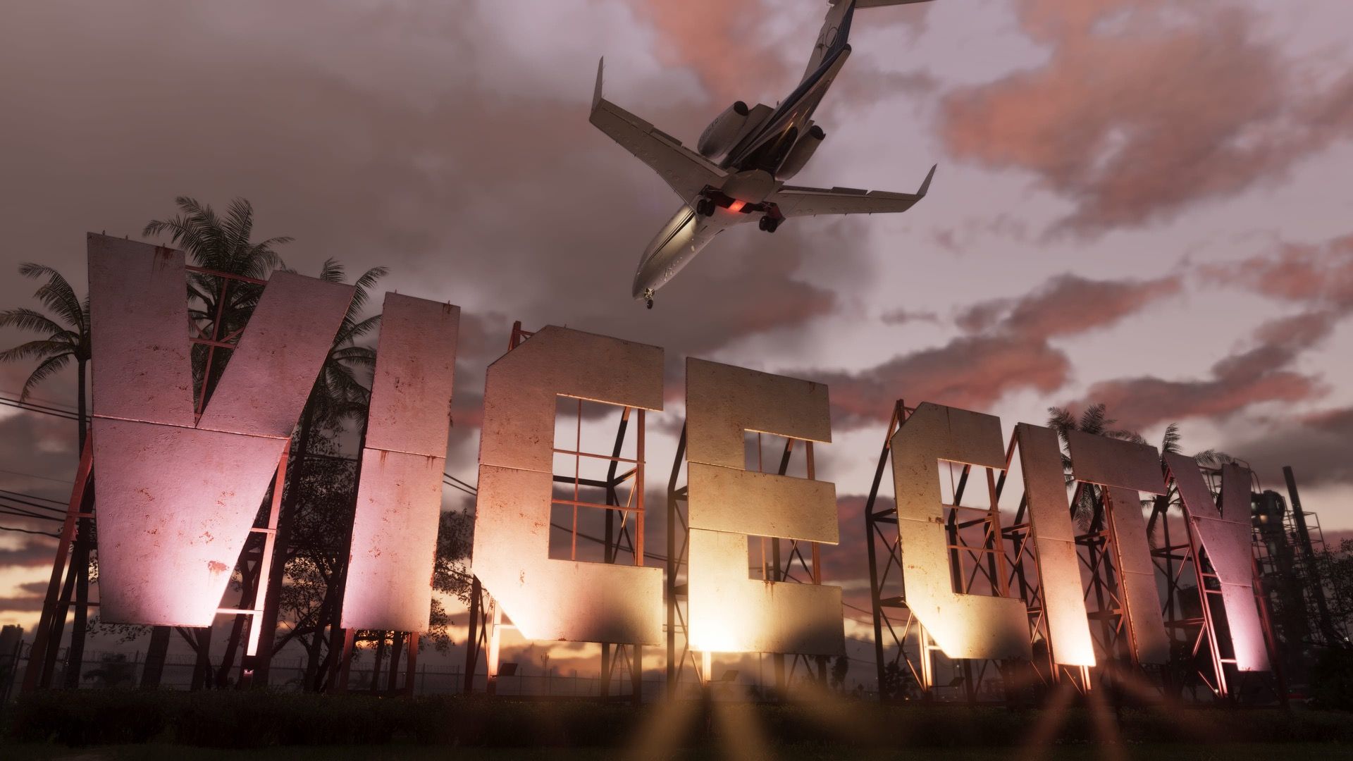 A giant weathered VICE CITY sign at sunset with a jet flying overhead in Grand Theft Auto VI