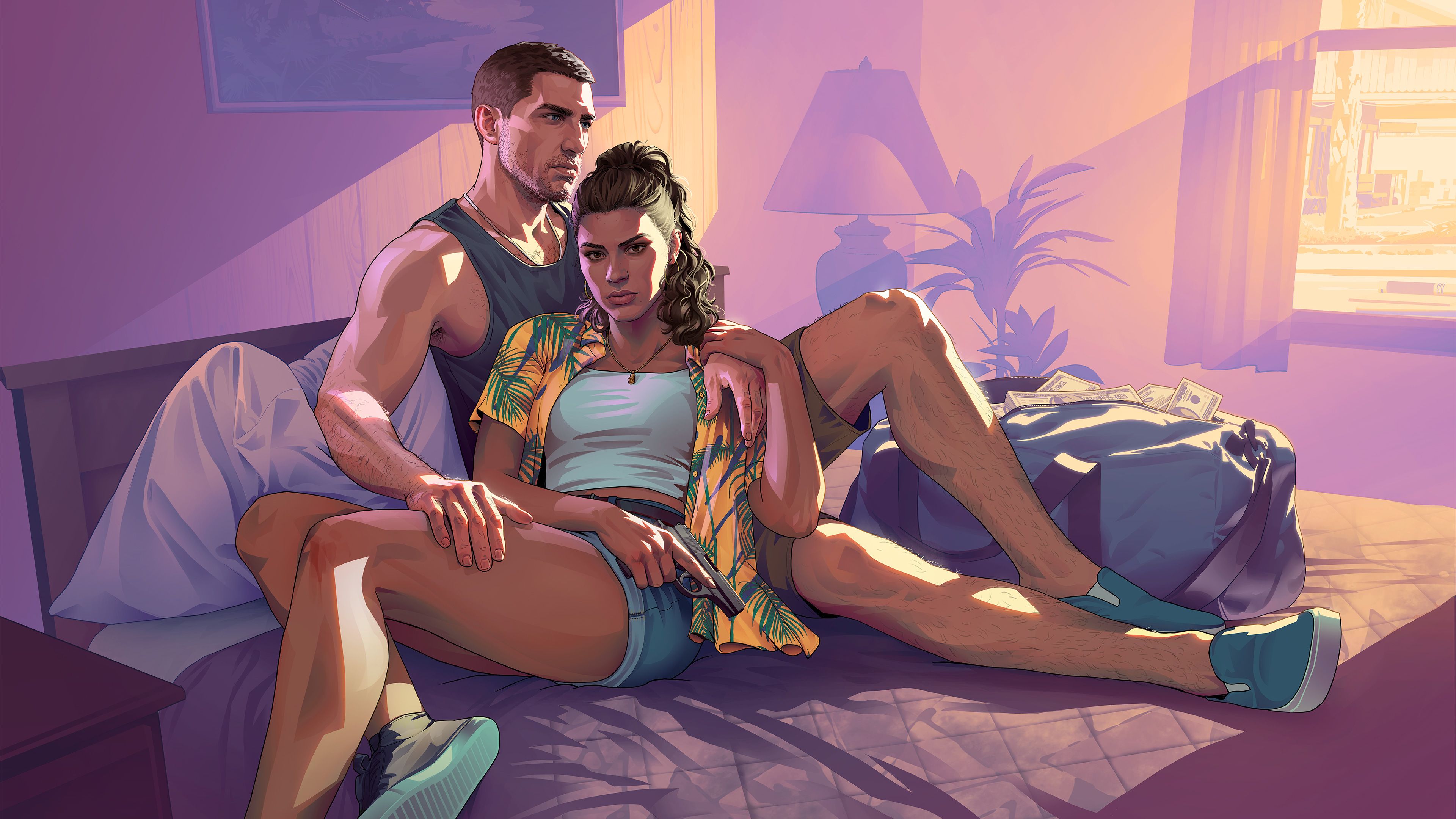 GTA 6 protagonists Jason and Lucia outside a Vice City motel