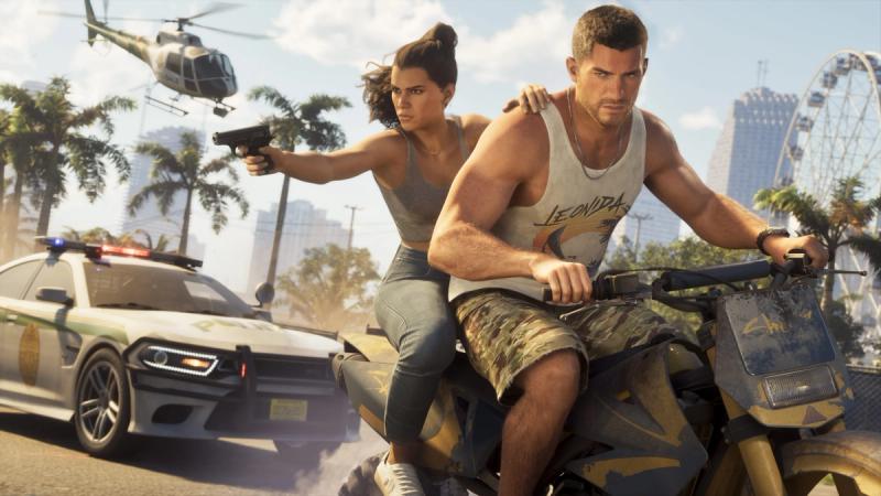 Jason Duval and Lucia Caminos fleeing police on a dirt bike through Vice City — official Grand Theft Auto VI screenshot