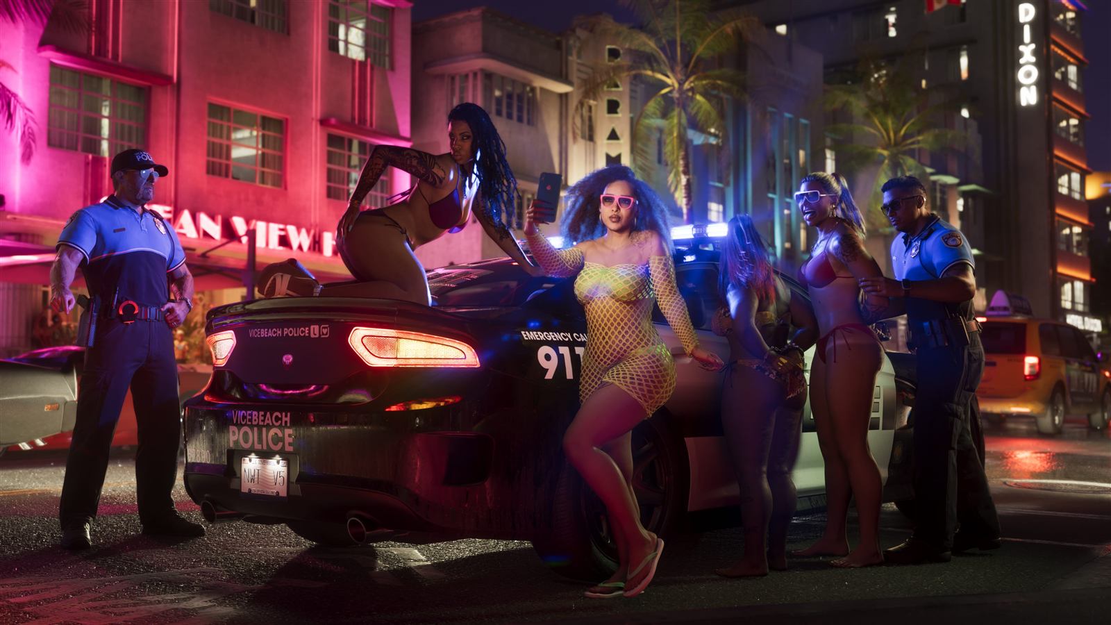A Vice Beach Police cruiser parked at night on a neon-lit Vice City street with officers and partygoers around it — official Grand Theft Auto VI screenshot