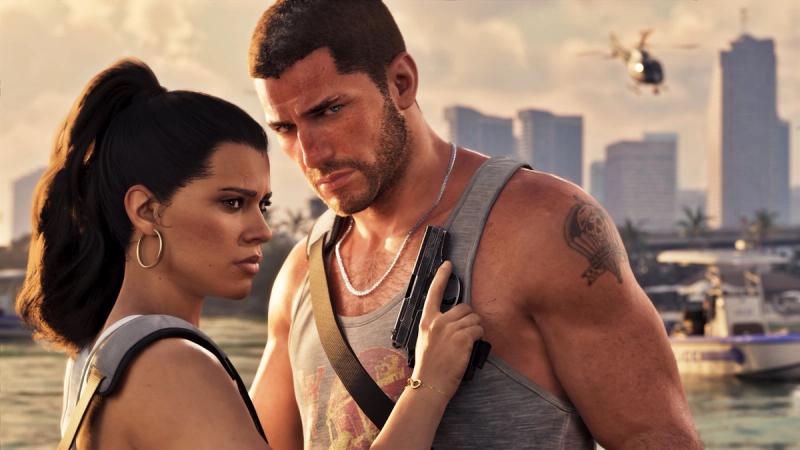 Lucia Caminos and Jason Duval in close-up with the Vice City skyline and a police helicopter behind them — official Grand Theft Auto VI screenshot