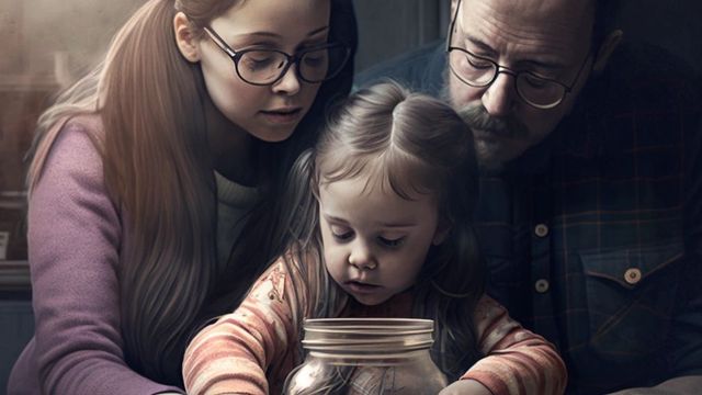 parents and their daughter are saving coins in a jar