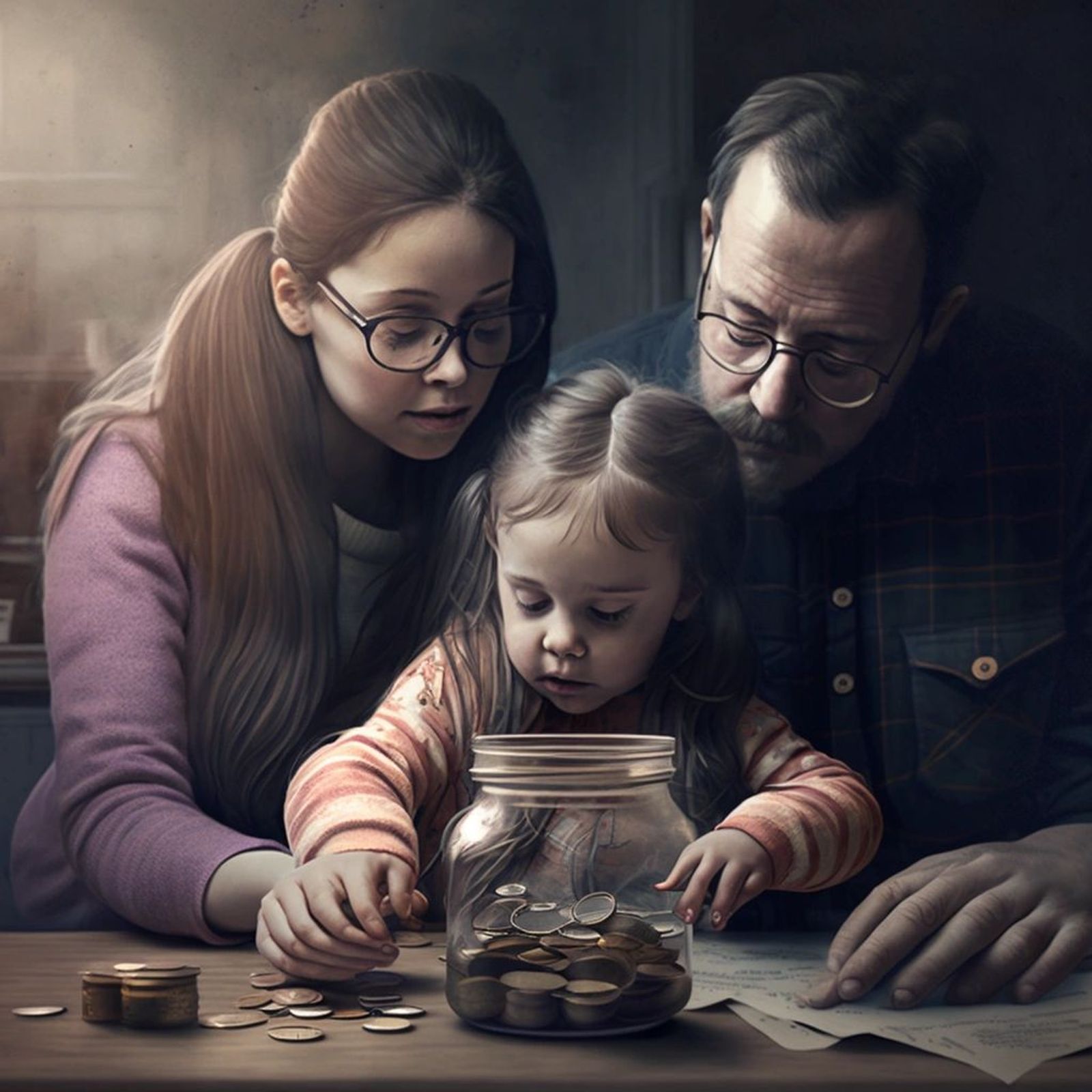 parents and their daughter are saving coins in a jar