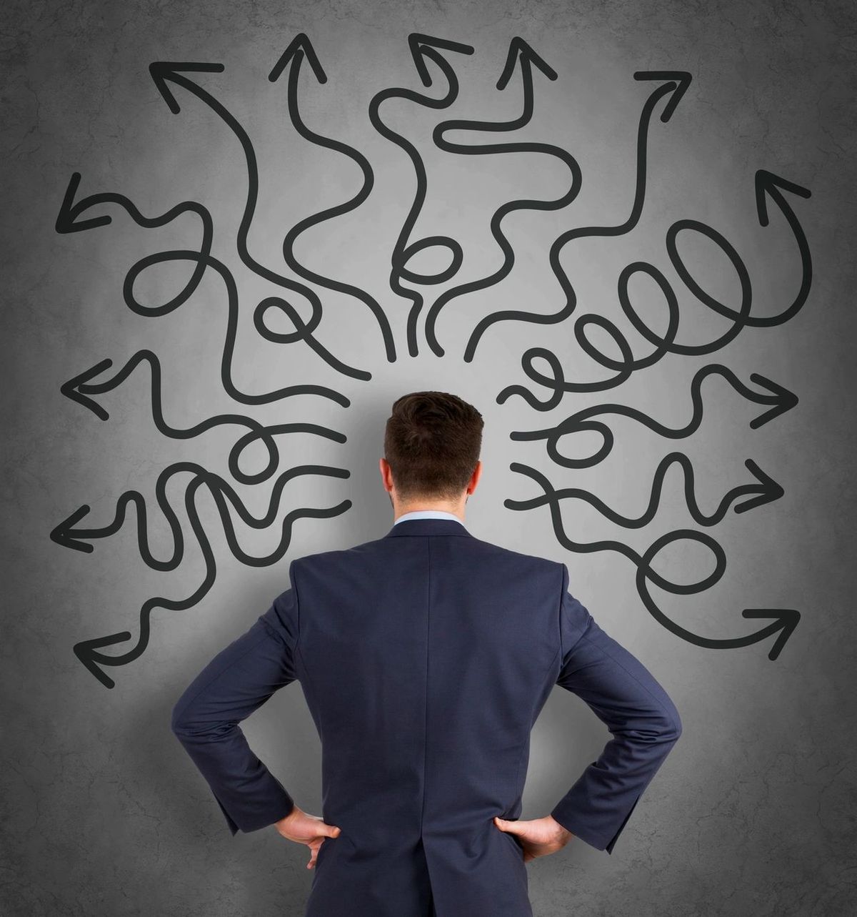 Corporate man with many decisions