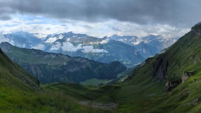 View of the grassy Swiss Alps
