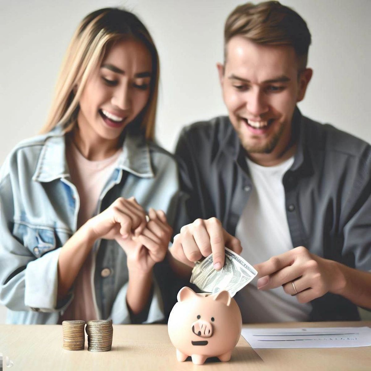 Happy couple, saving money in a piggy bank.