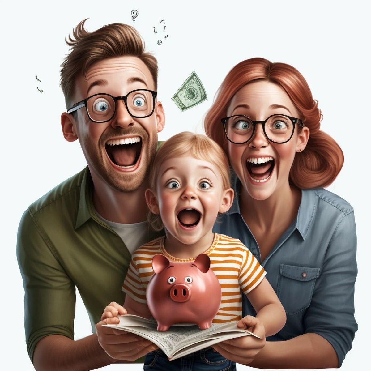 Happy couple and their daughter are saving money for their kids