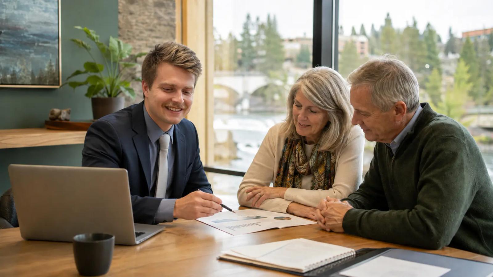 Spokane financial advisor Noah Schwab discussing retirement planning with a couple