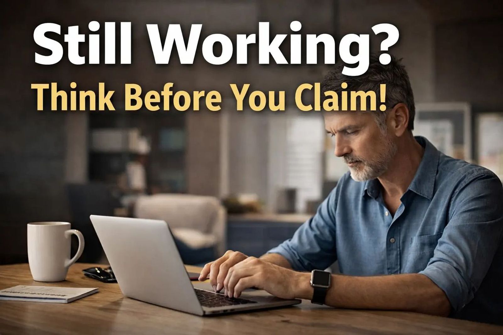 Retired Man at Kitchen Table on Laptop