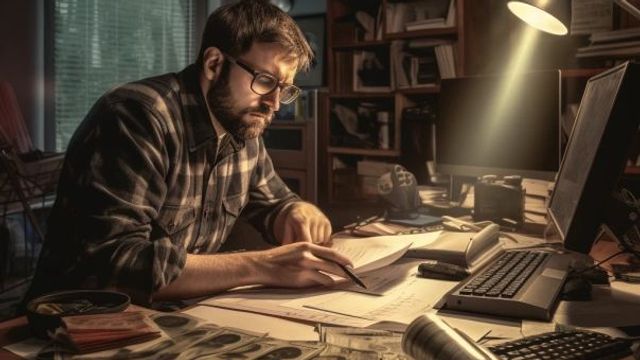 small business owner working on budget in home office.