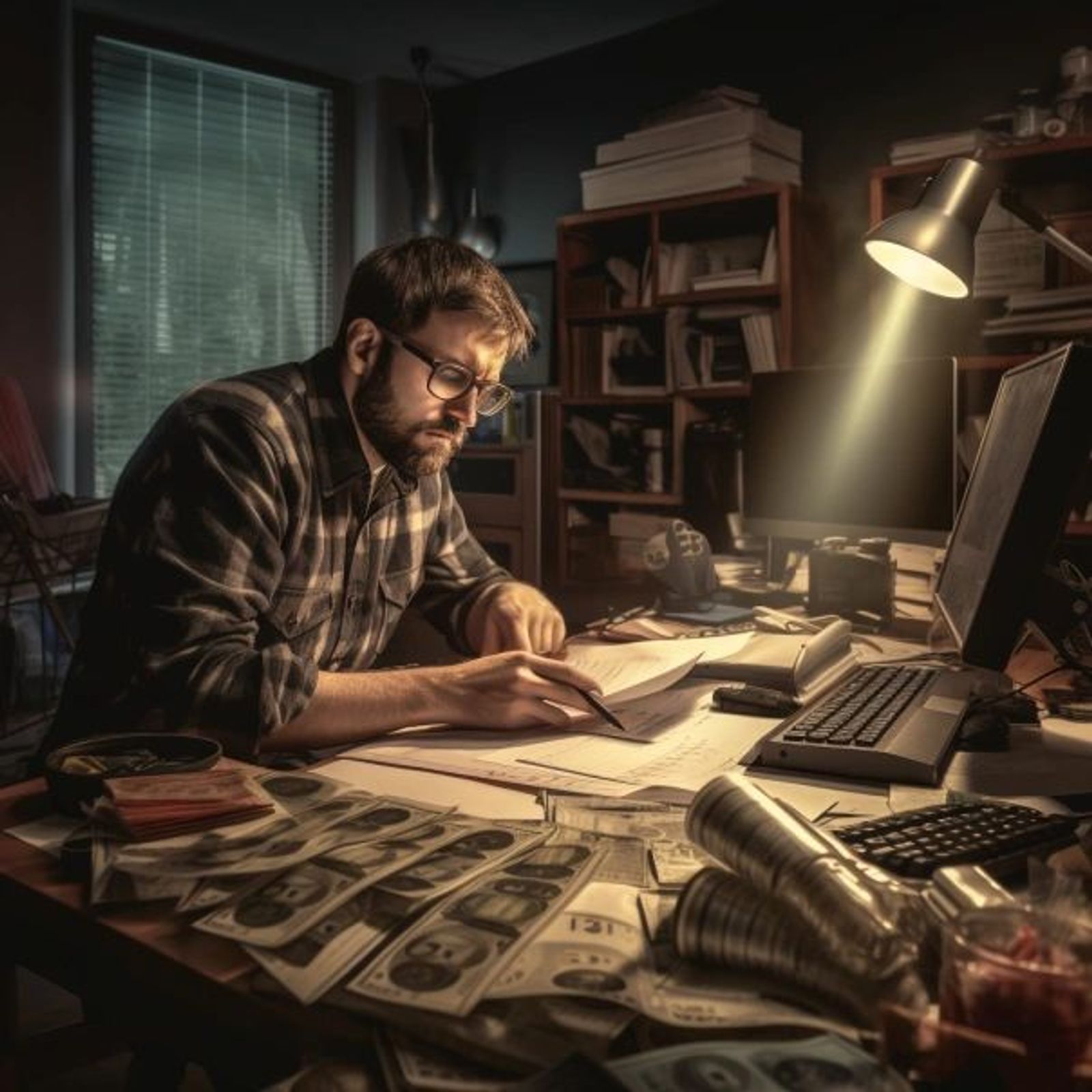 small business owner working on budget in home office.