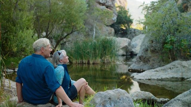 Old retirees sitting by a pond