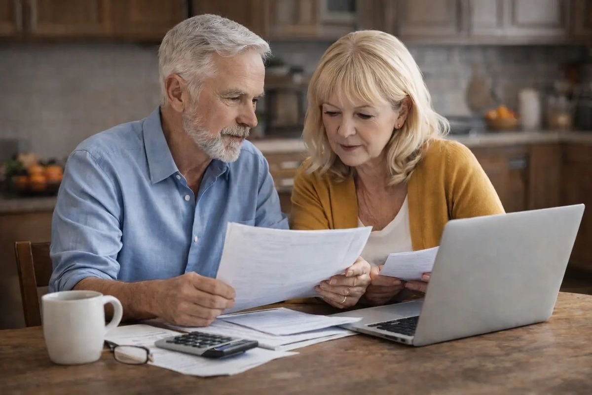 Retired couple looking at finances in kitchen
