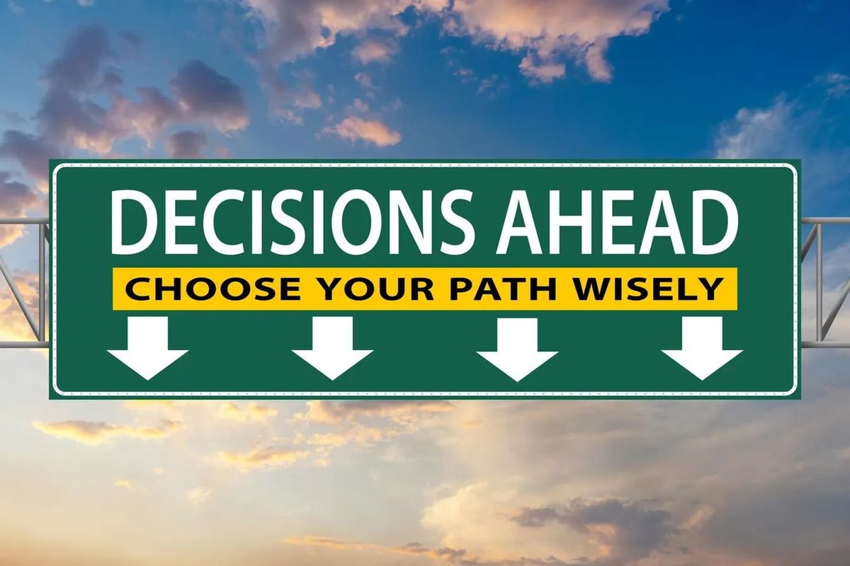 Graphic for road sign saying, decisions ahead
