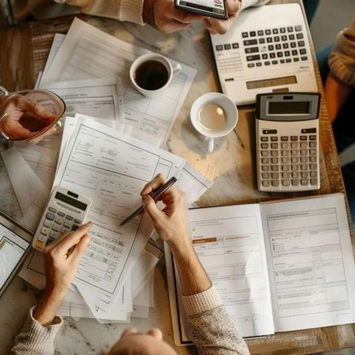 An overhead photo of a desk with tax papers, a calculator, a notepad, and a laptop, giving the feel of careful retirement tax planning.