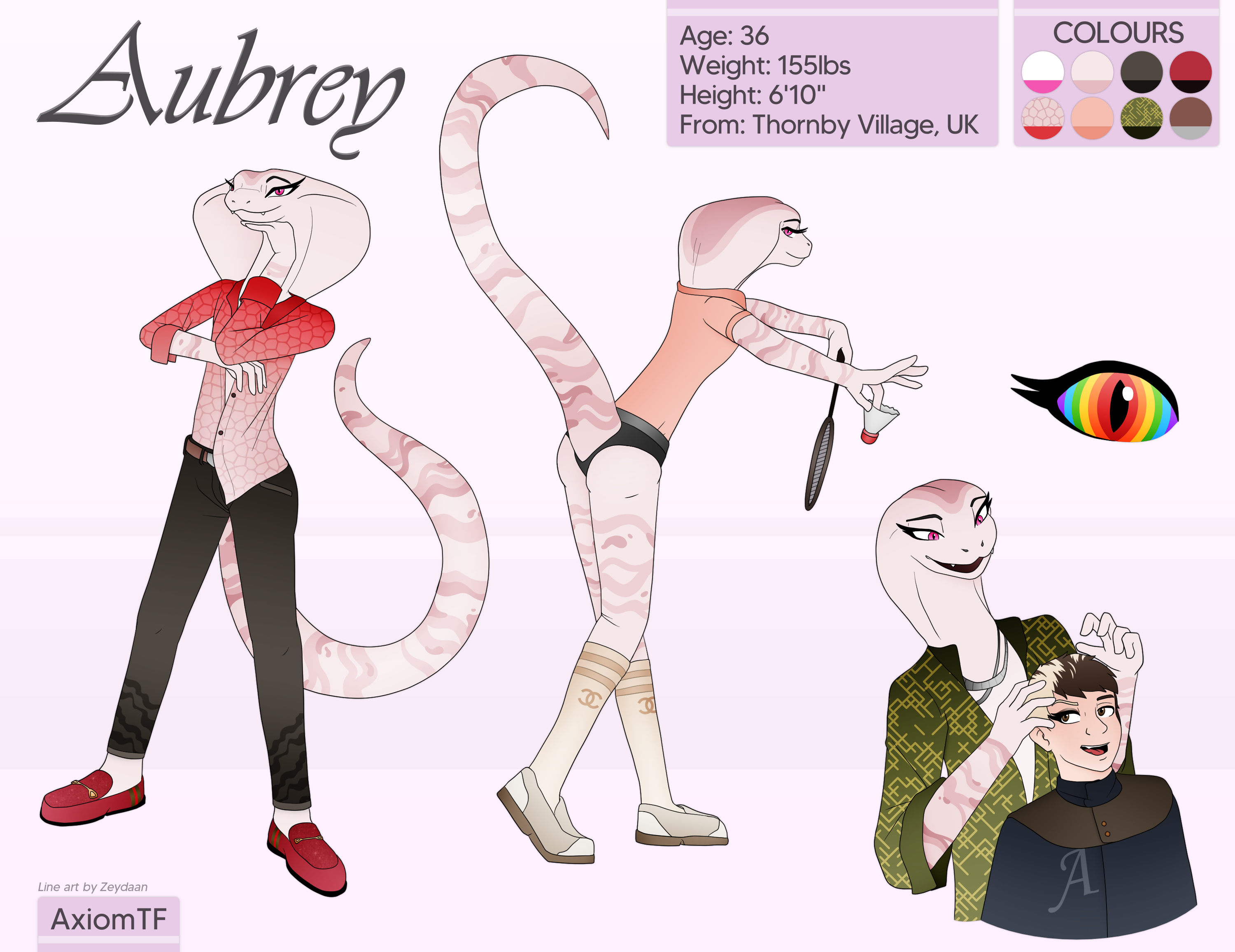 Reference for Aubrey Fletcher, a light cobra wearing fashionable clothing