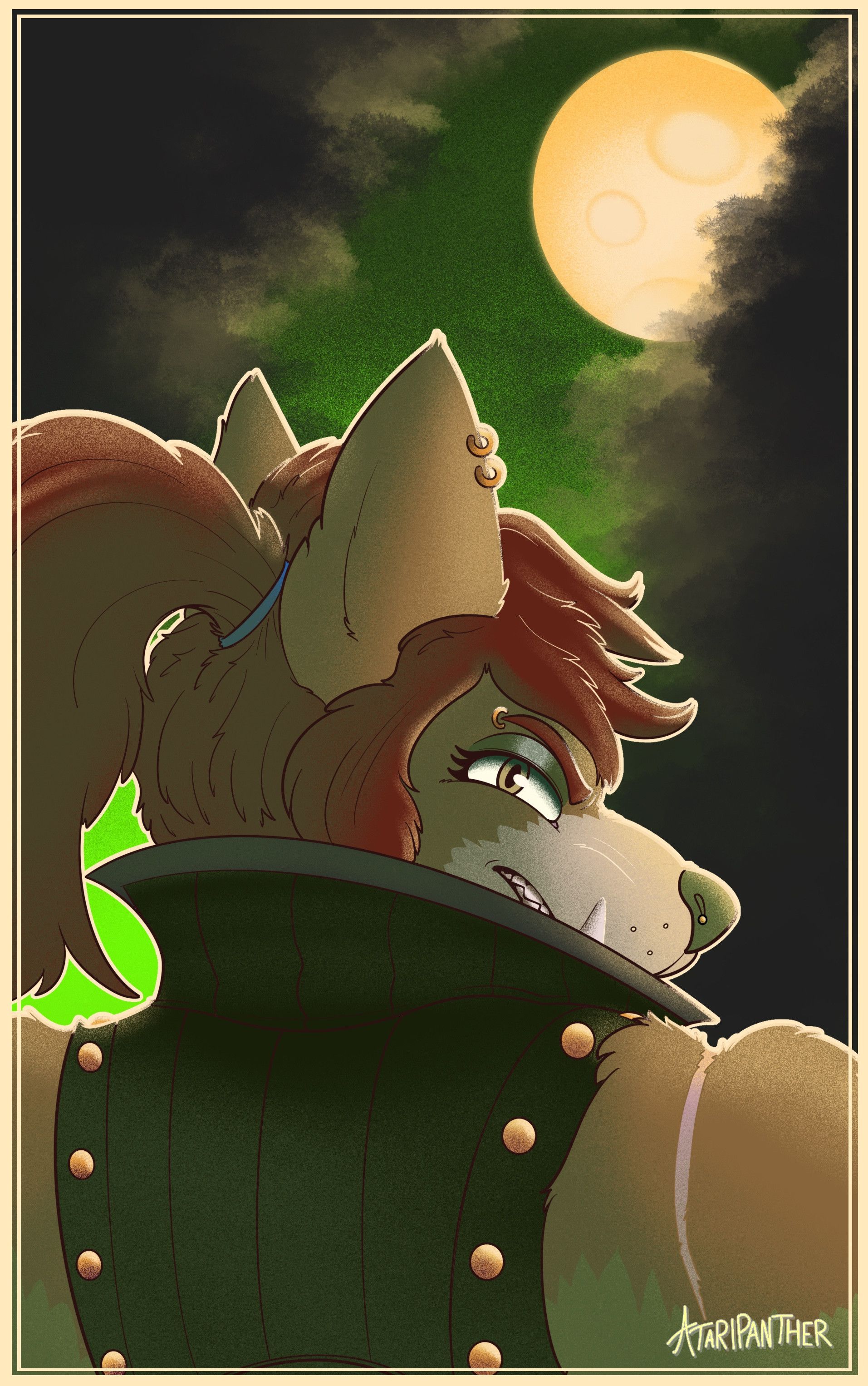 Lilith looking back at the camera in a full moon
