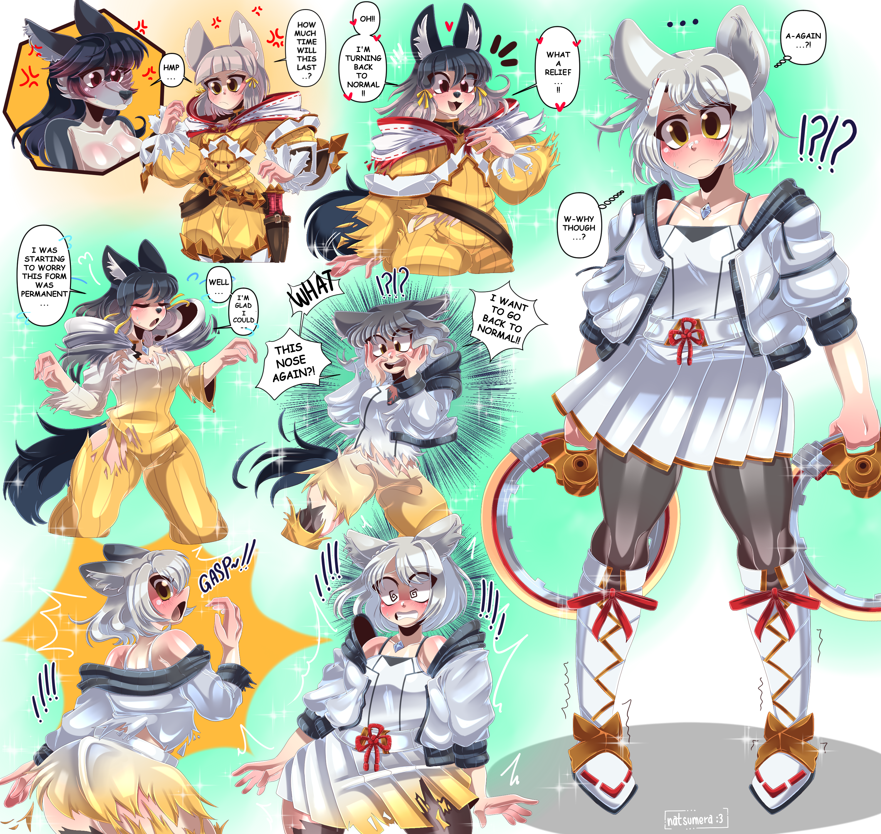 Zeydaan turned into Nia, thinking she's turning back, only to turn into Mio "Hm? How much time will this last?" "Oh!! I'm turning back to normal- what a relief." "I was starting to worry this form was permanent" "Well, I'm glad I could-" "WHAT This nose again?! I want to go back to normal!!" "Again?! W-why though?"