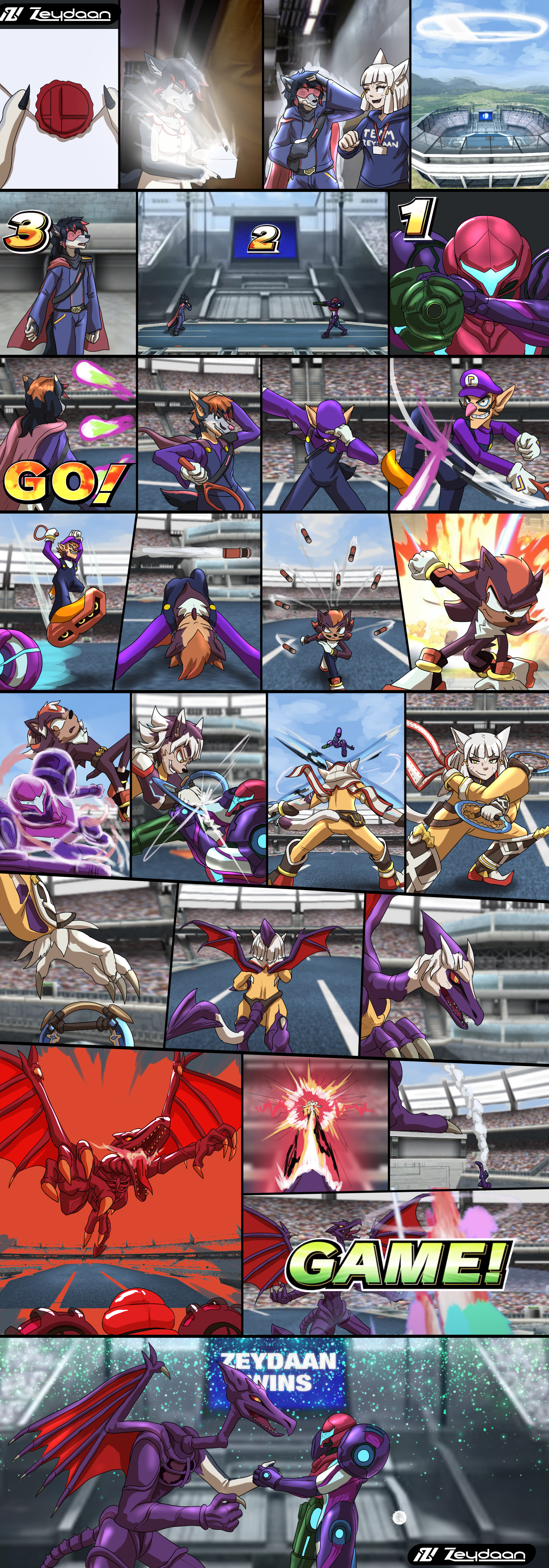 Zeydaan opening a letter to find herself thrust into the world of super smash bros. Nia helps her out onto a stage to fight against Samus Aran- Zeydaan transforms into Waluigi to deflect her attacks, before shifting into Shadow the Hedgehog to dodge her. Samus rushes past Shadow with a shinespark before clashing with Nia's discs which she summons after transforming into her- Nia then fully turns into Ridley, blasting Samus with energy before being declared the winner.