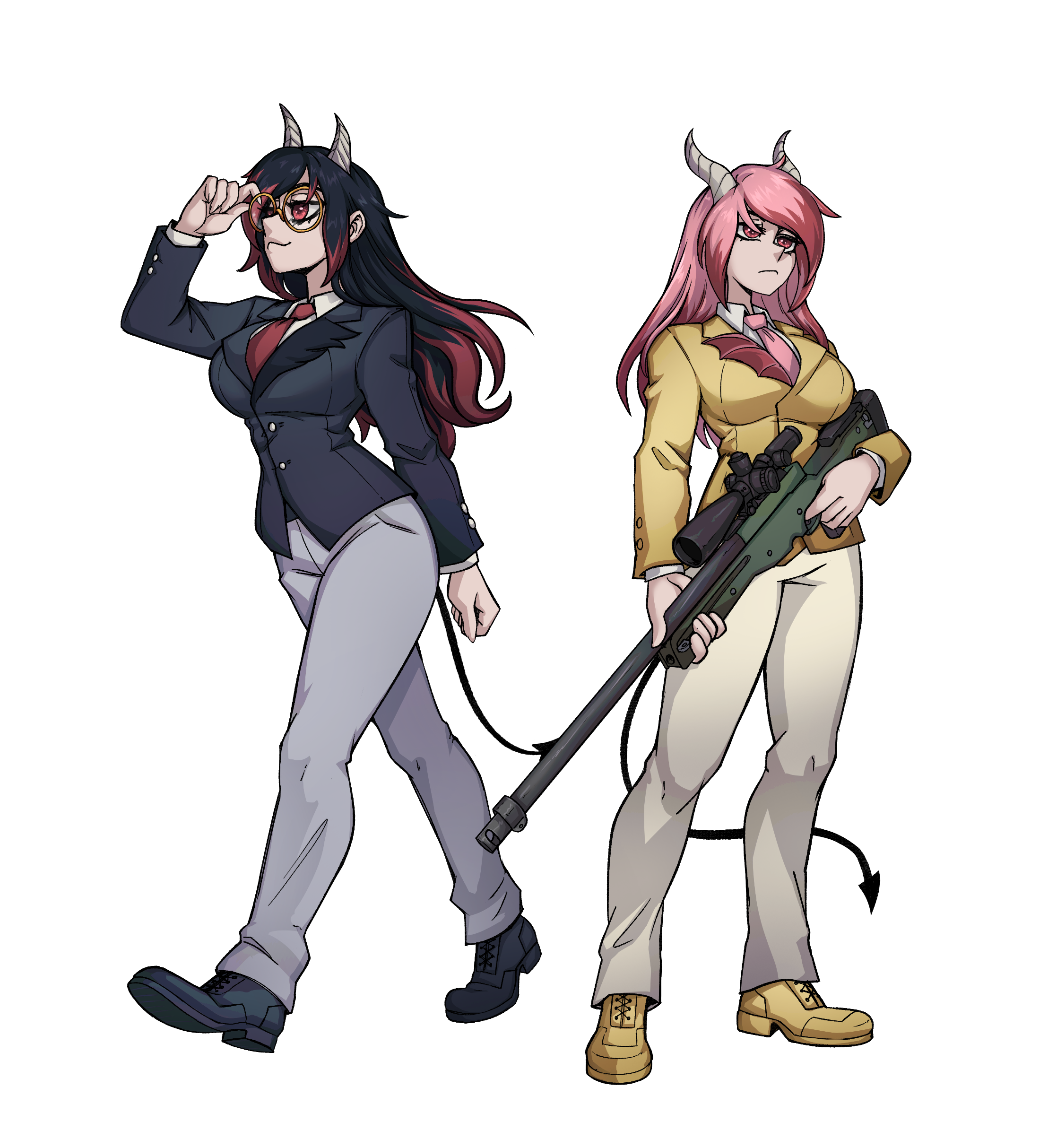 Zeydaan and Isabella in helltaker style, wearing colourful suits.