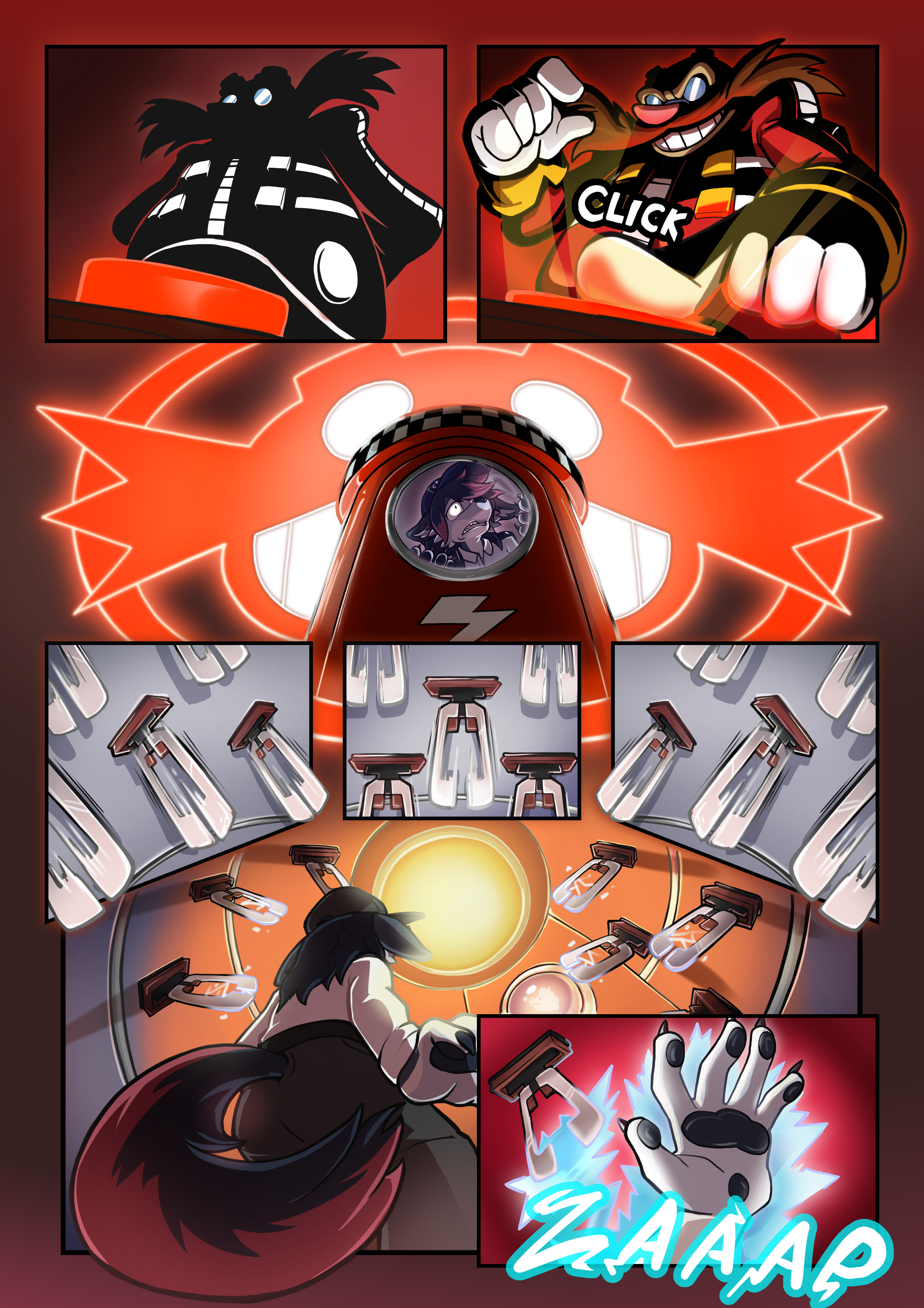 Eggman pressing a button, firing up the machine Zeydaan's trapped in- zapping her with electricity.