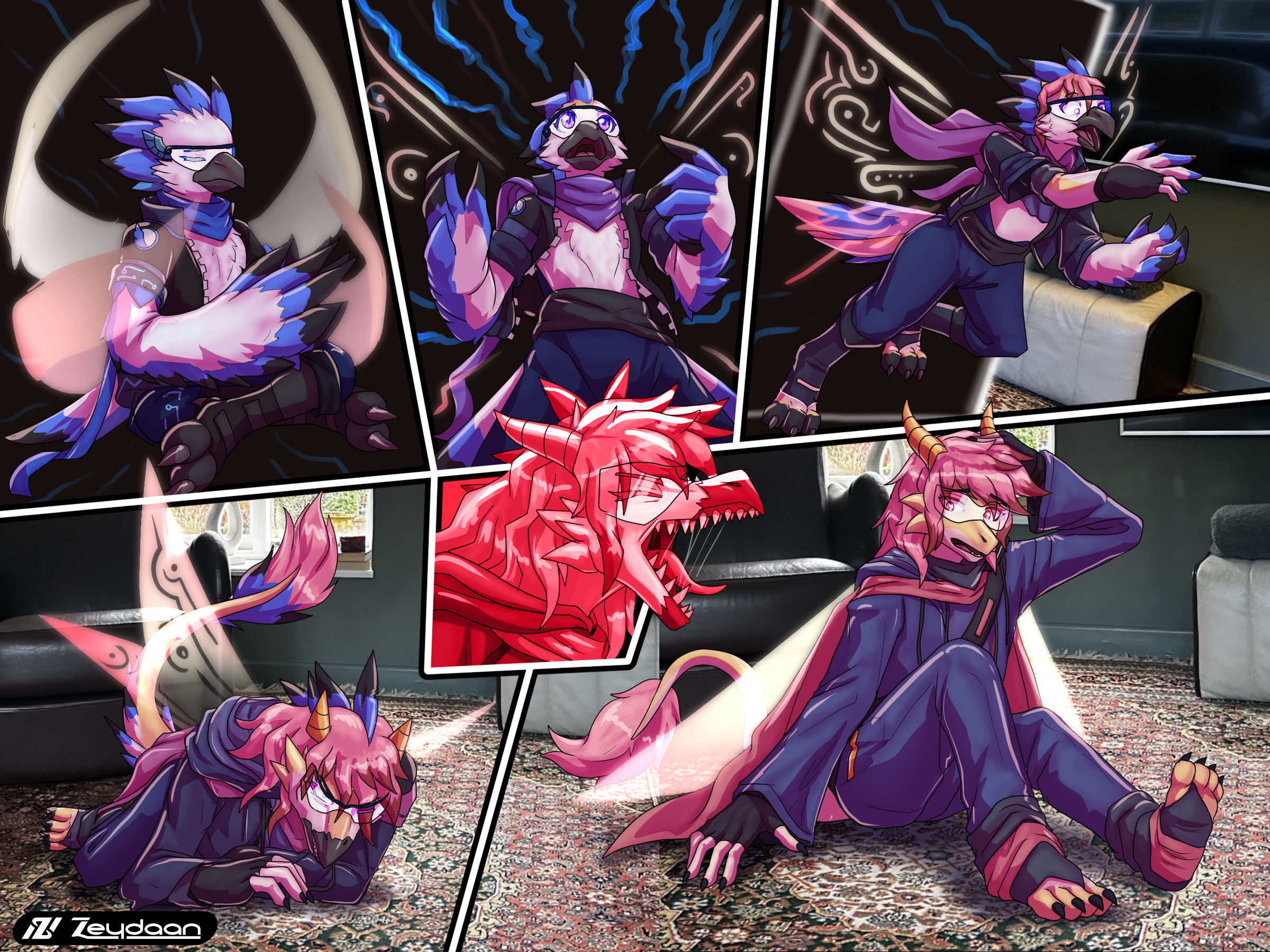 Karth the rito meditating with wings wrapped around them, before being surged with energy- they slowly turn into Isabella the dragon as they fall into a comfy living room. Screaming out in pain as their clothes change too- before looking around confused.