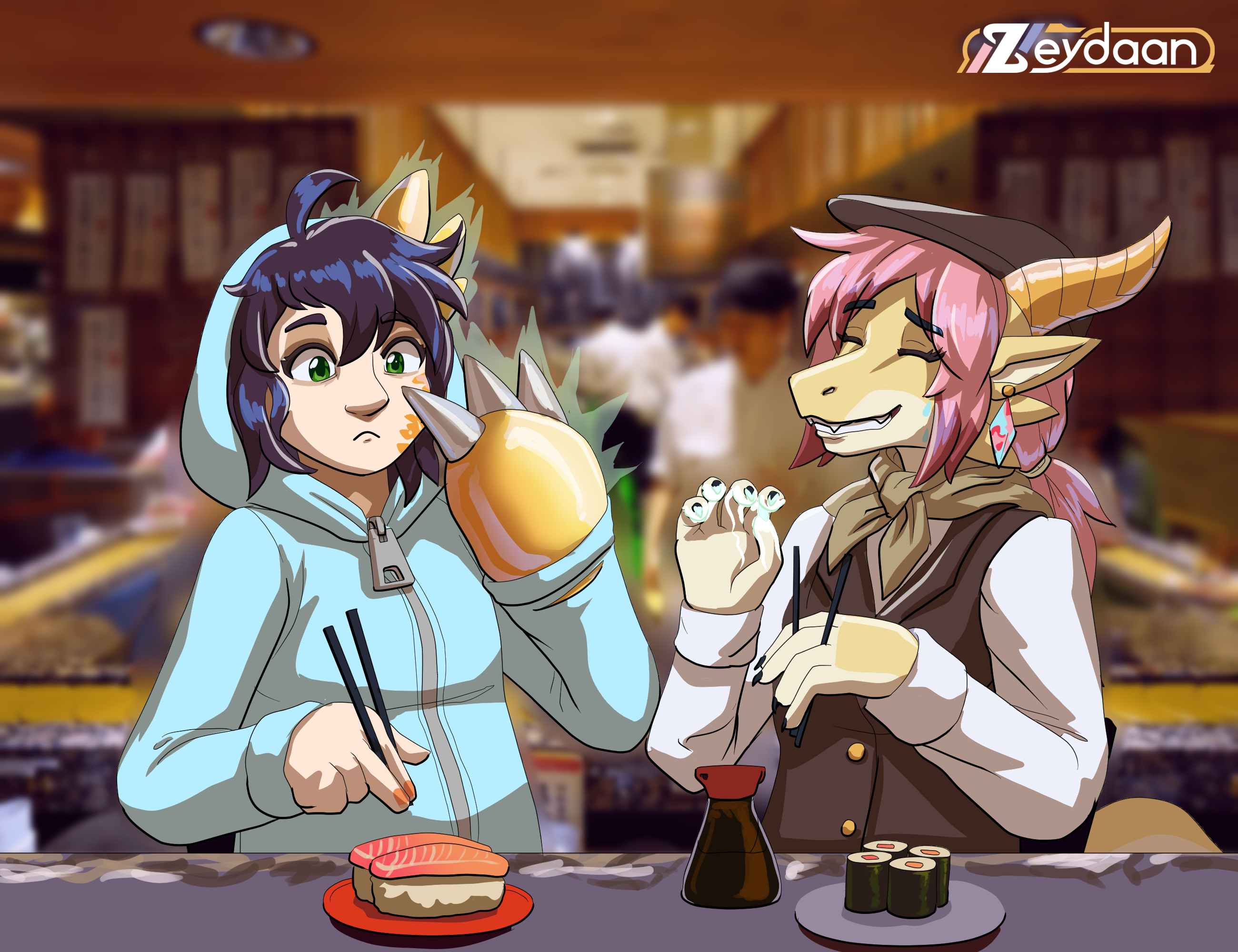 Isabella and Crom sharing some sushi, Isabella has accidentally turned Crom's left side into that of an armadillomon.