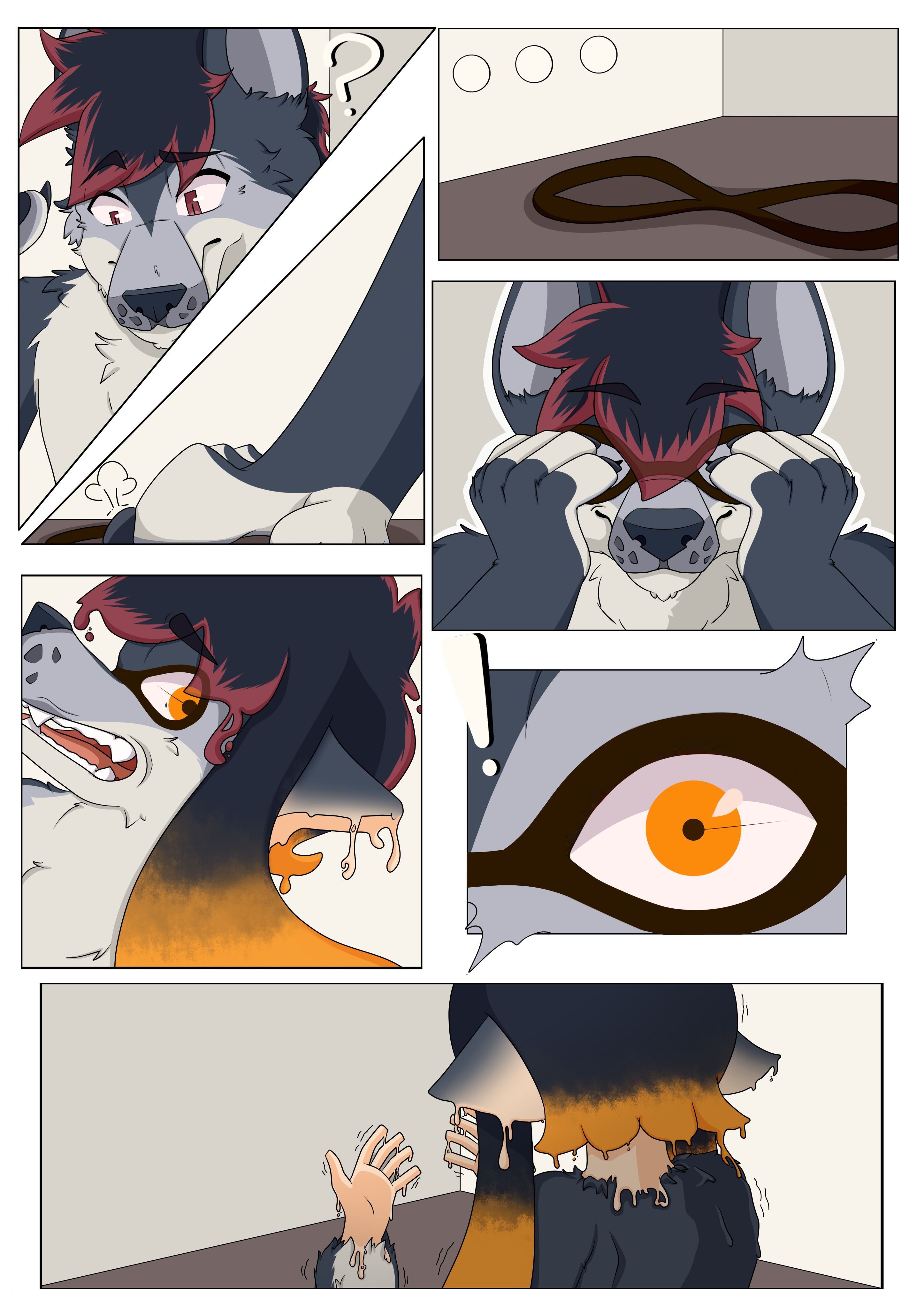 Zeydaan putting on a bandit mask, before her fur starts to melt away and hair turns into tentacles.