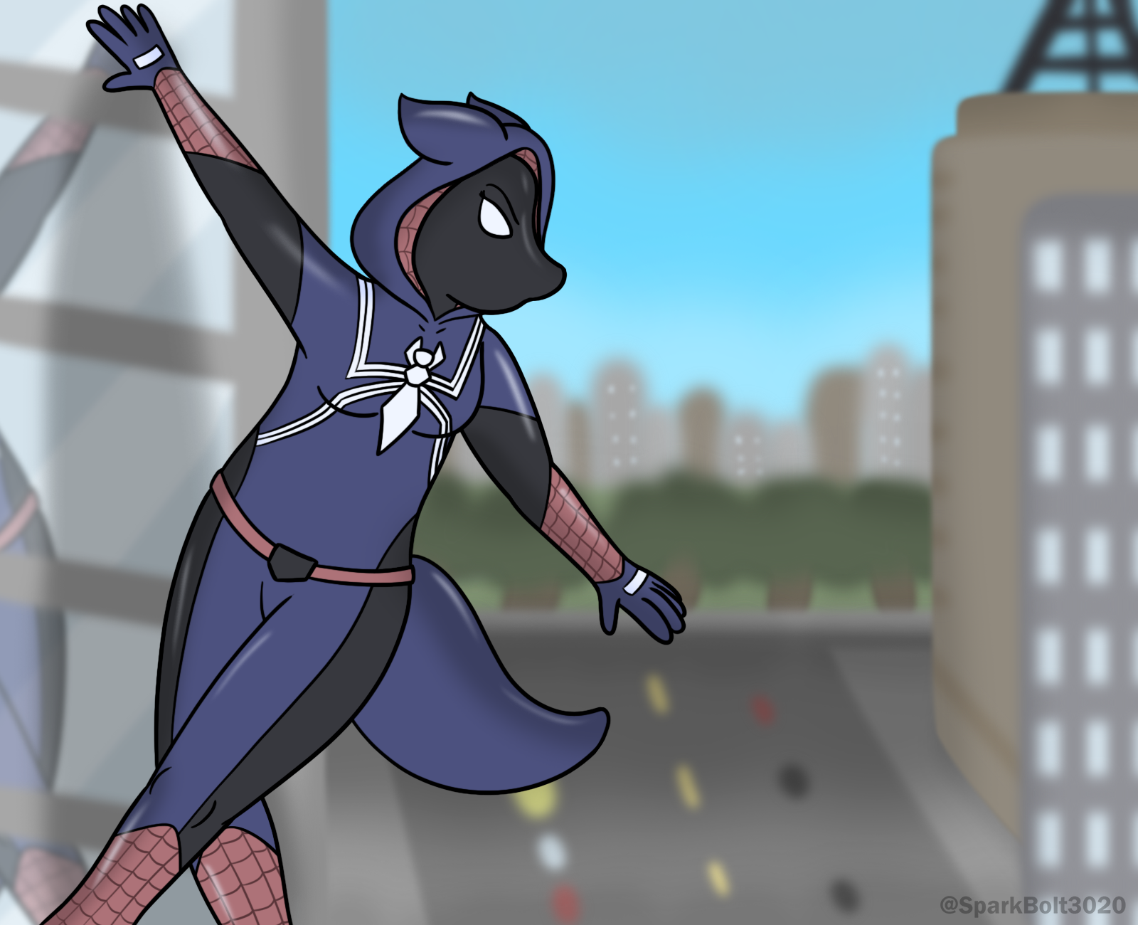 Spider Witch hanging on the side of a building looking out onto the city