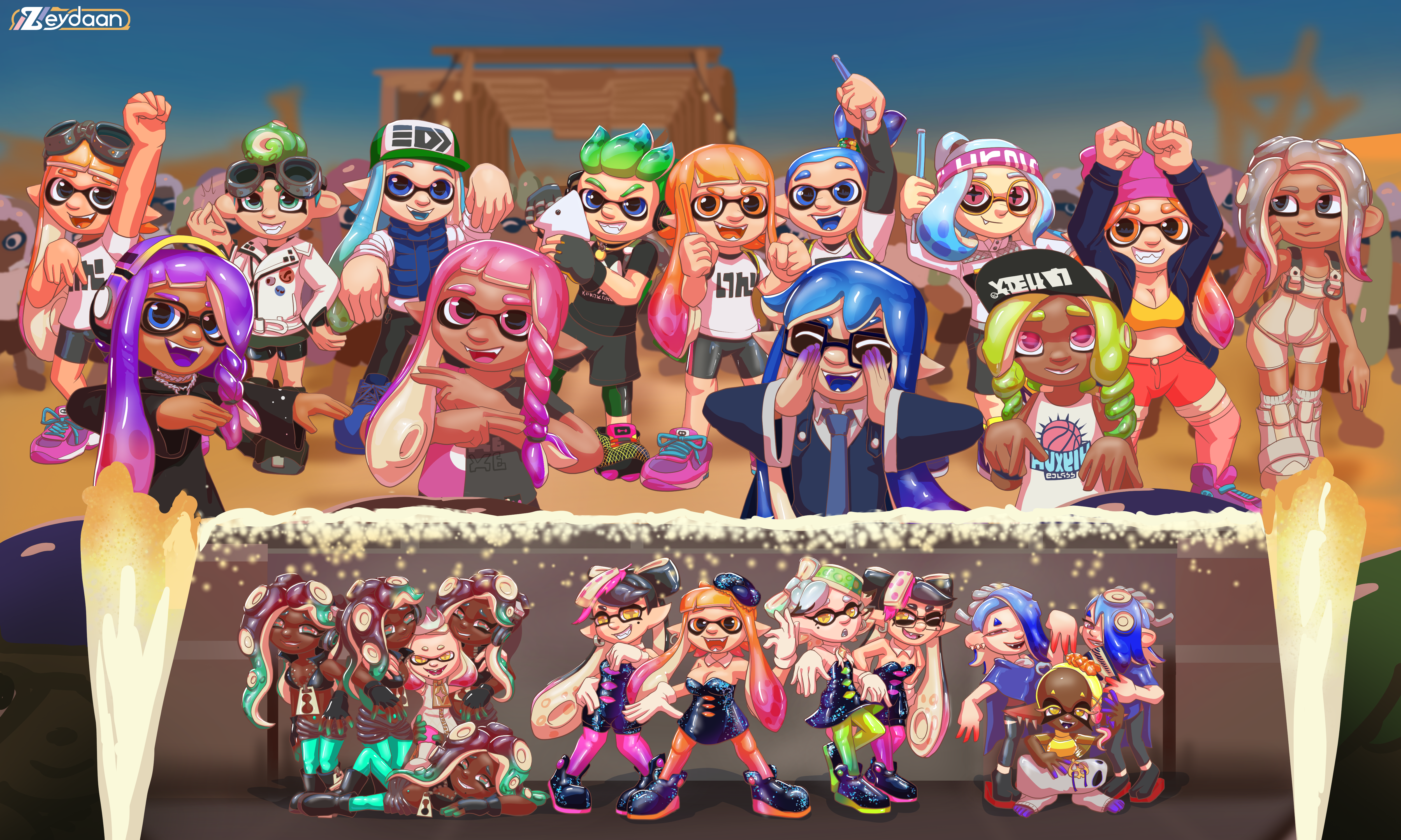 Tobias turned into Pearl, Mido and Brent turned into Shiver, Vivian, Dean, Stener and Agent turned into Marina, Pix into Agent 8, Zeydaan/Isabella into Inku, Robyn and Crim into Callie, Terrance into Marie, Gemma into Frye, with Roxanne and Victoria turned into Octolings, and Rune, Rossy, Drake, Mira, Marsail, Fabio, Quakie, Dim and Erakir turned into Inklings celebrating with glow sticks in front of a performance from the Idols.