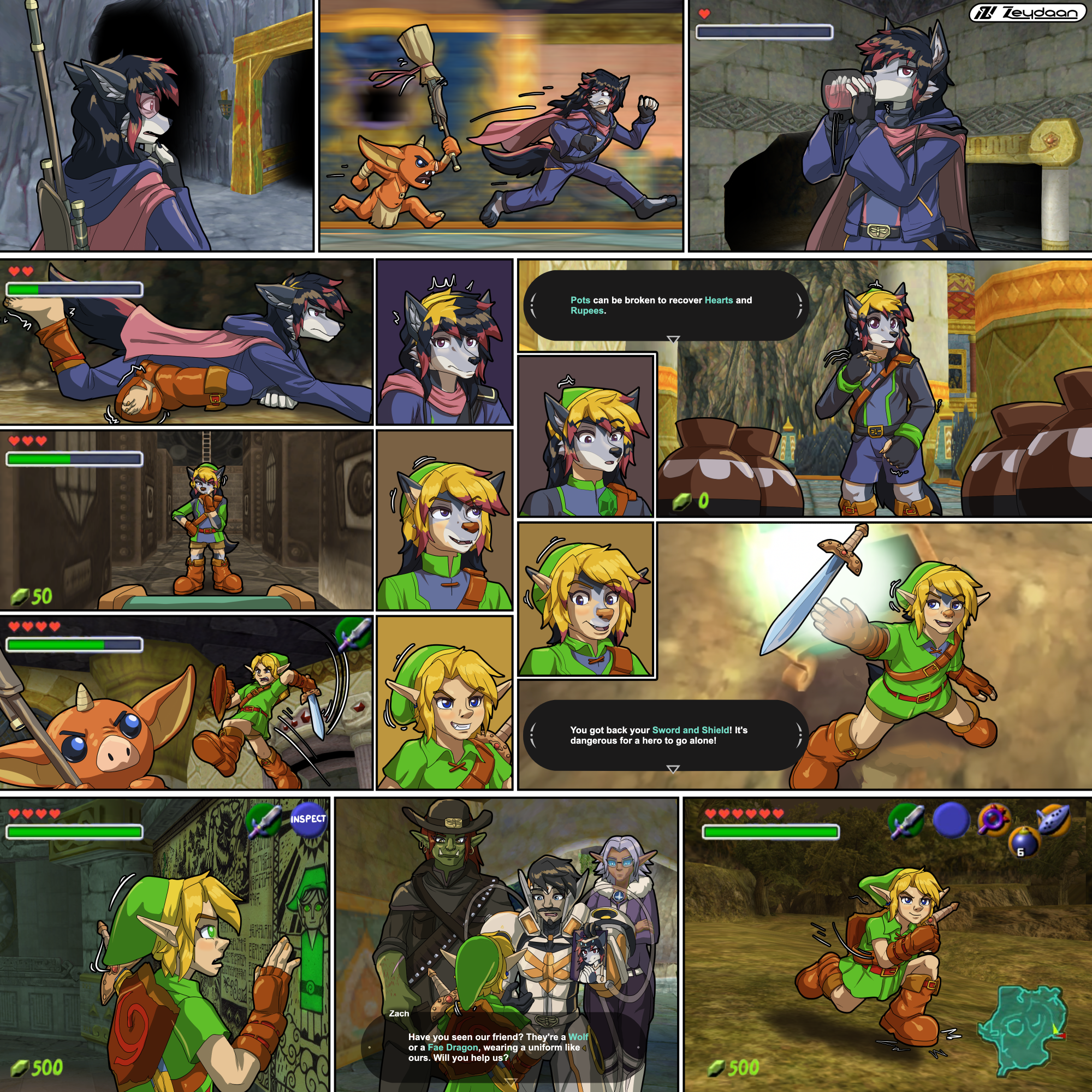 Zeydaan travelling through a dungeon, slowly turning into Link as her clothes change- hat growing longer as her face changes too. Grabbing a sword from a chest, he runs out of the dungeon fully as Link "Pots can be broken to recover hearts and rupees." "You got back your Sword and Shield! It's dangerous for a hero to go alone!" "Have you seen our friend? They're a wolf or a fae dragon, wearing a uniform like ours. Will you help us?"