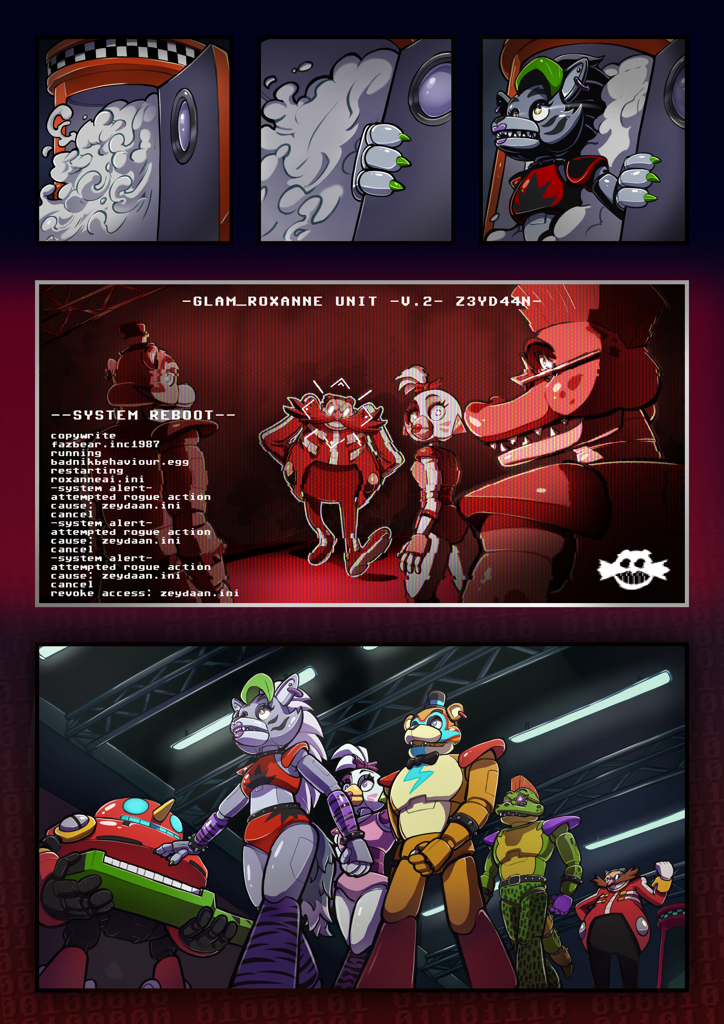 A fully transformed Roxanne Wolf emerging from a pod, Dr. Eggman approaches her before an eggpawn hands her a Keytar "GLAM_ROXANNE UNIT -V.2- Z3YD44N- --SYSTEM REBOOT-- copywrite fazbear.inc1987 running badnikbehaviour.egg restarting roxanneai.ini -sysem alert- attempted rogue action cause: zeydaan.ini cancel revoke access: zeydaan.ini